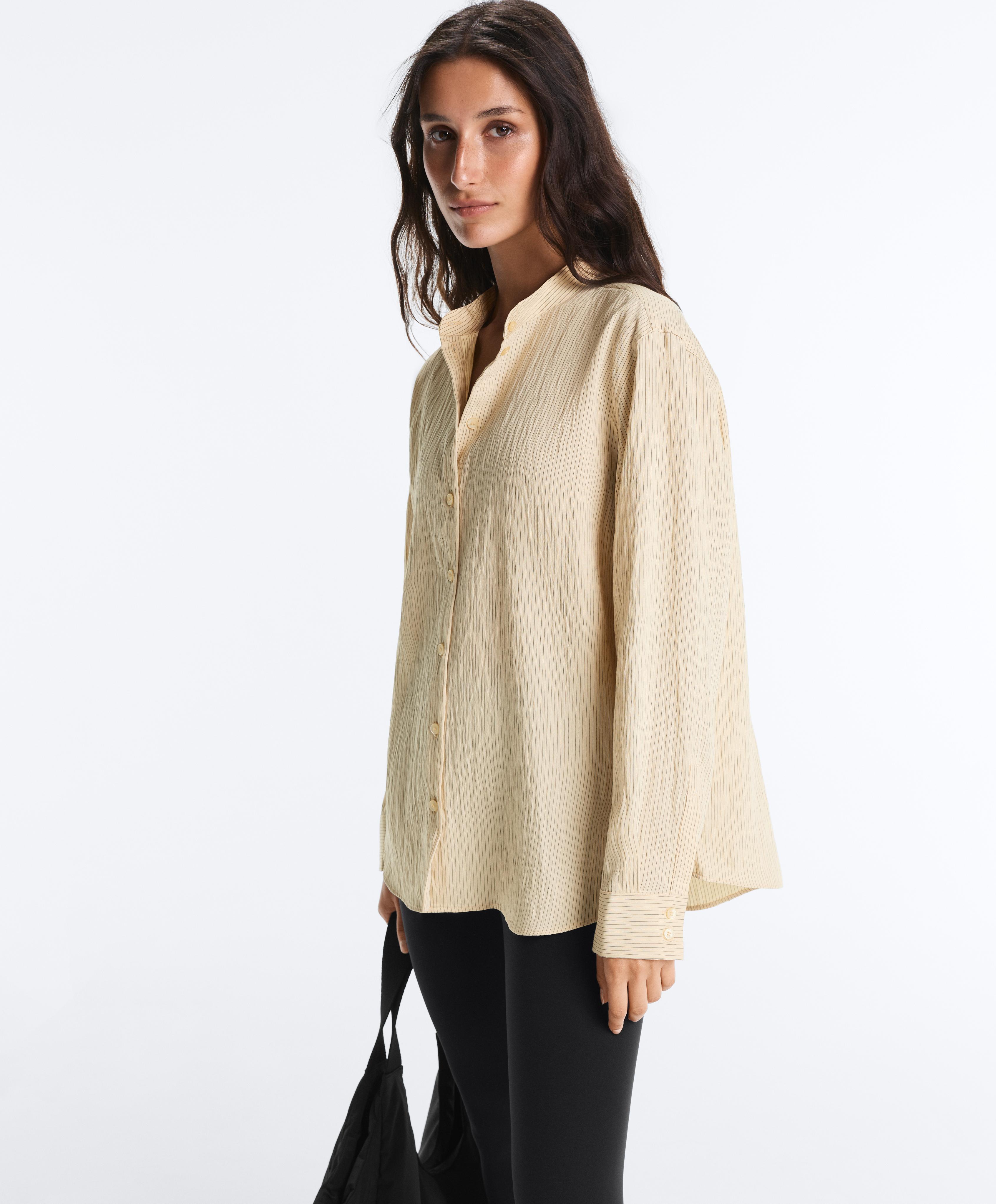 Striped modal blend stand-up collar shirt — PALE ECRU