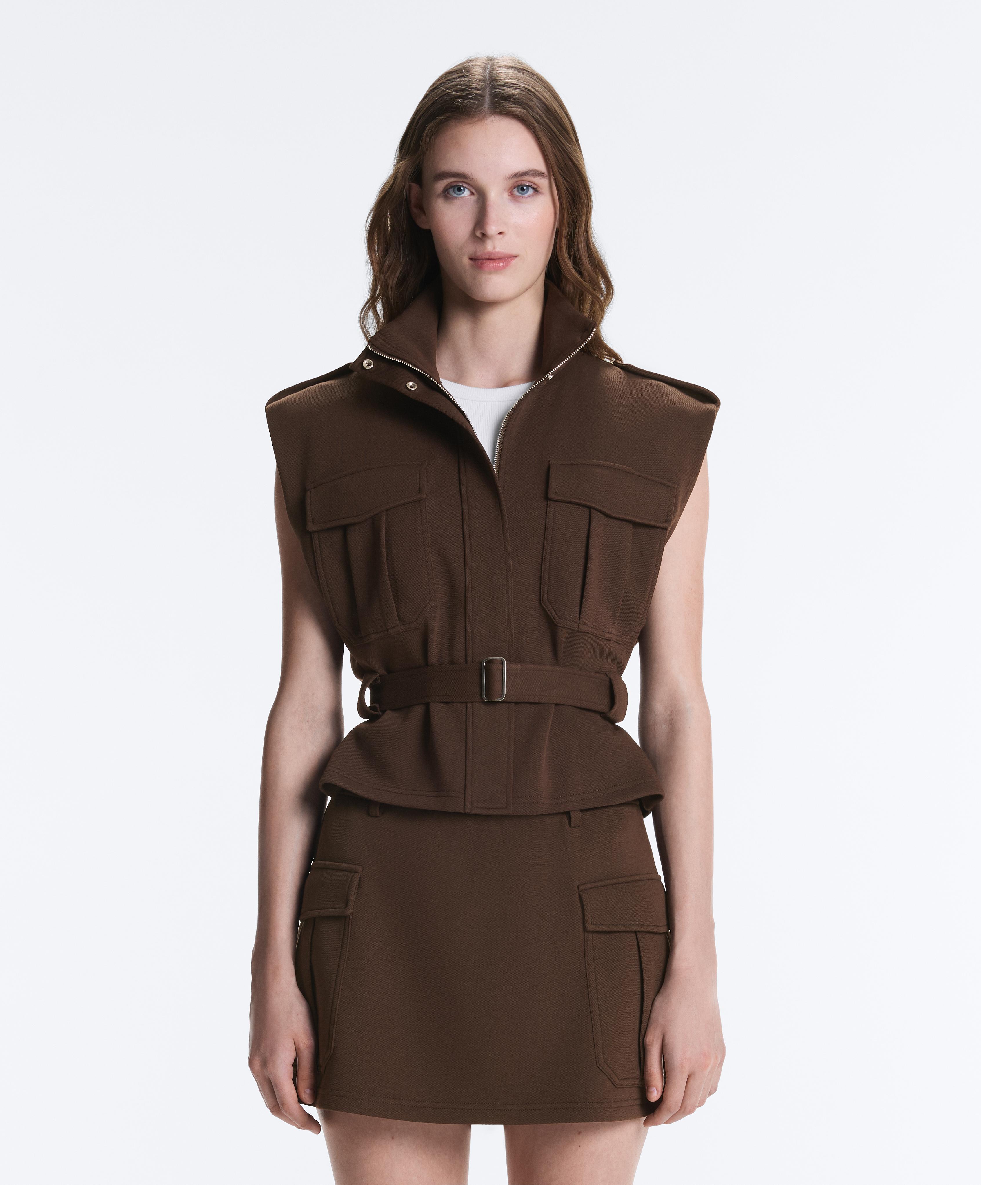 Utility piqué gilet with cotton belt — DARK BROWN
