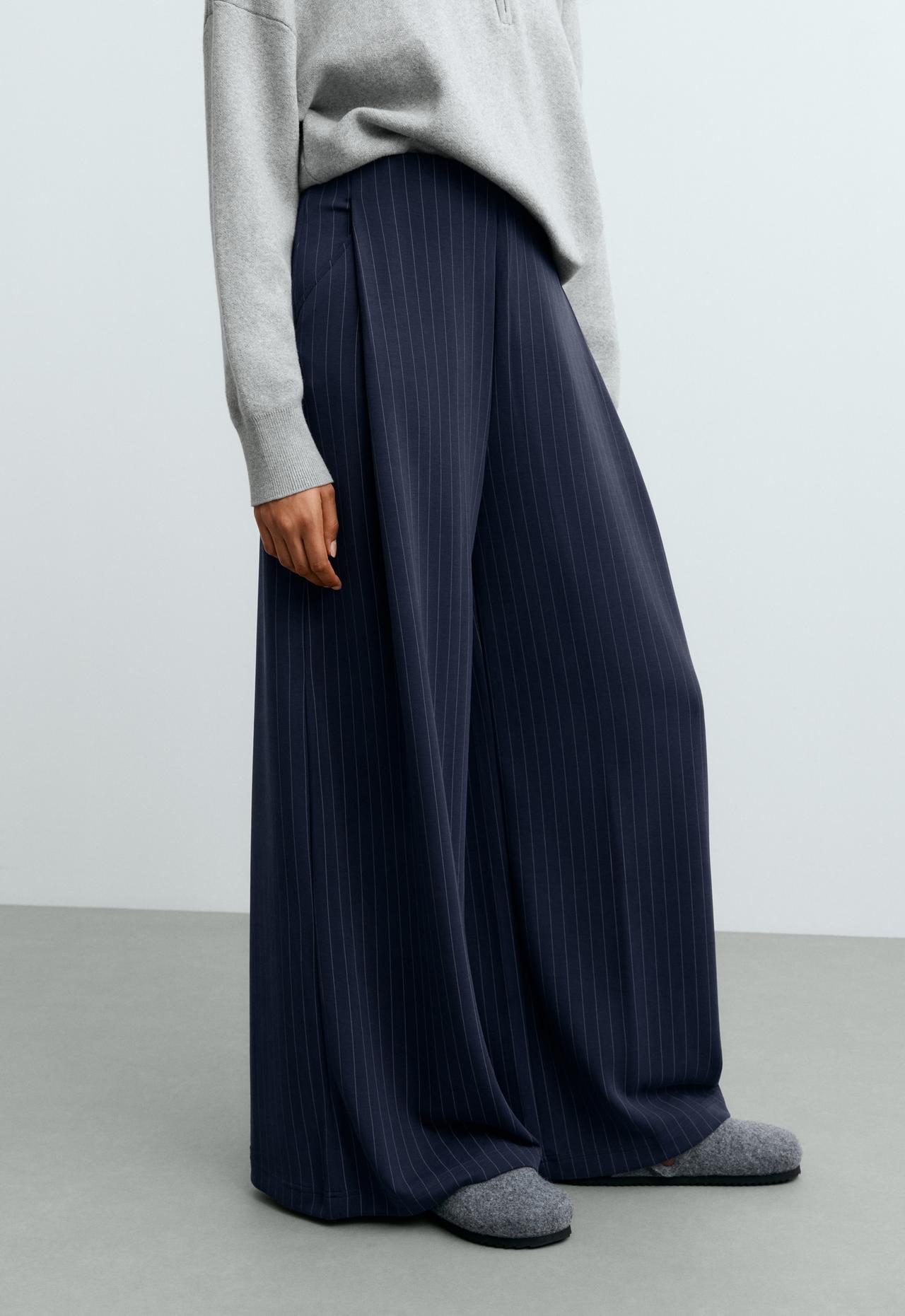 Modal pinstripe wide-leg trousers — NAVY BLUE