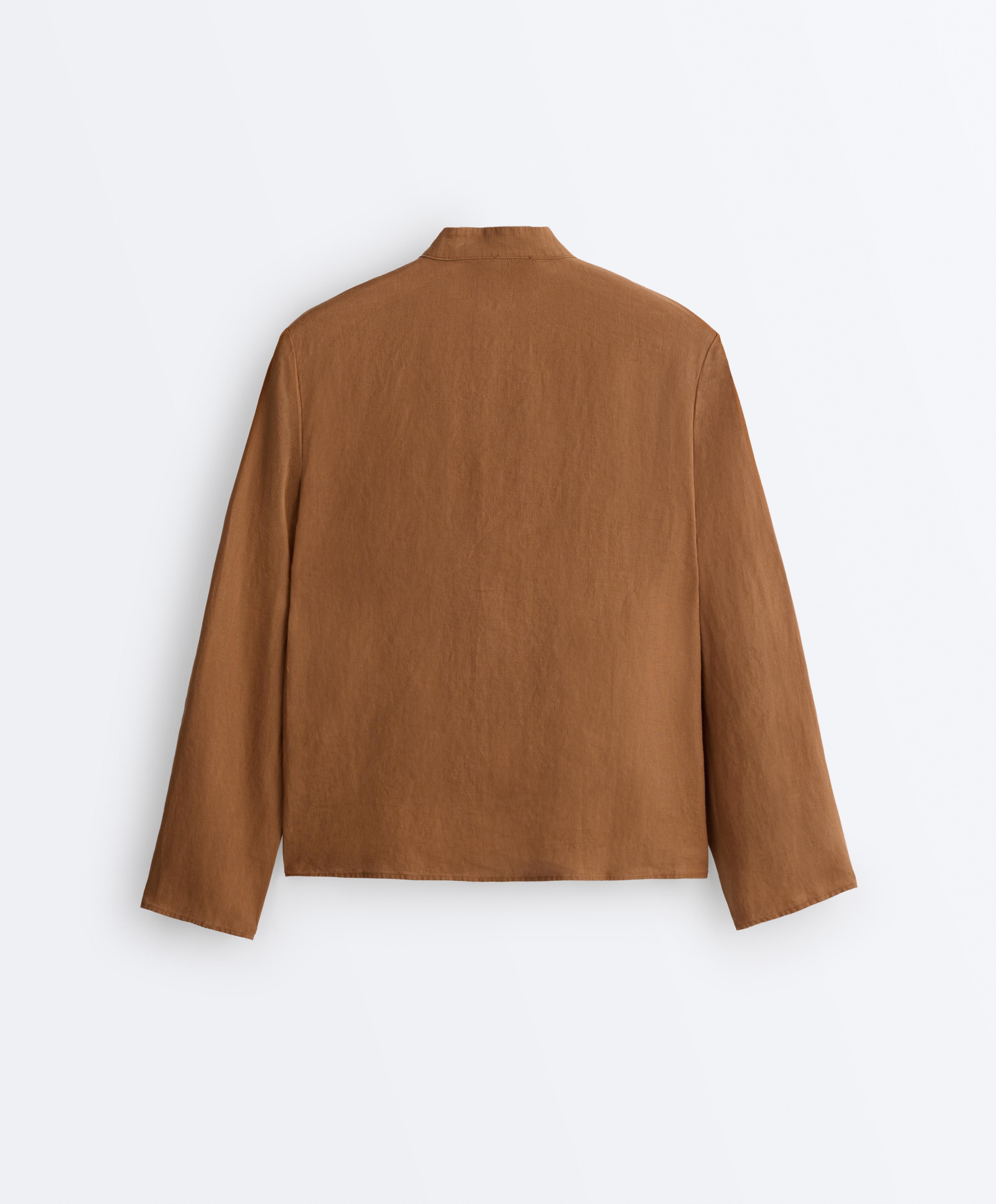 100% linen stand-up collar shirt — TOFFEE