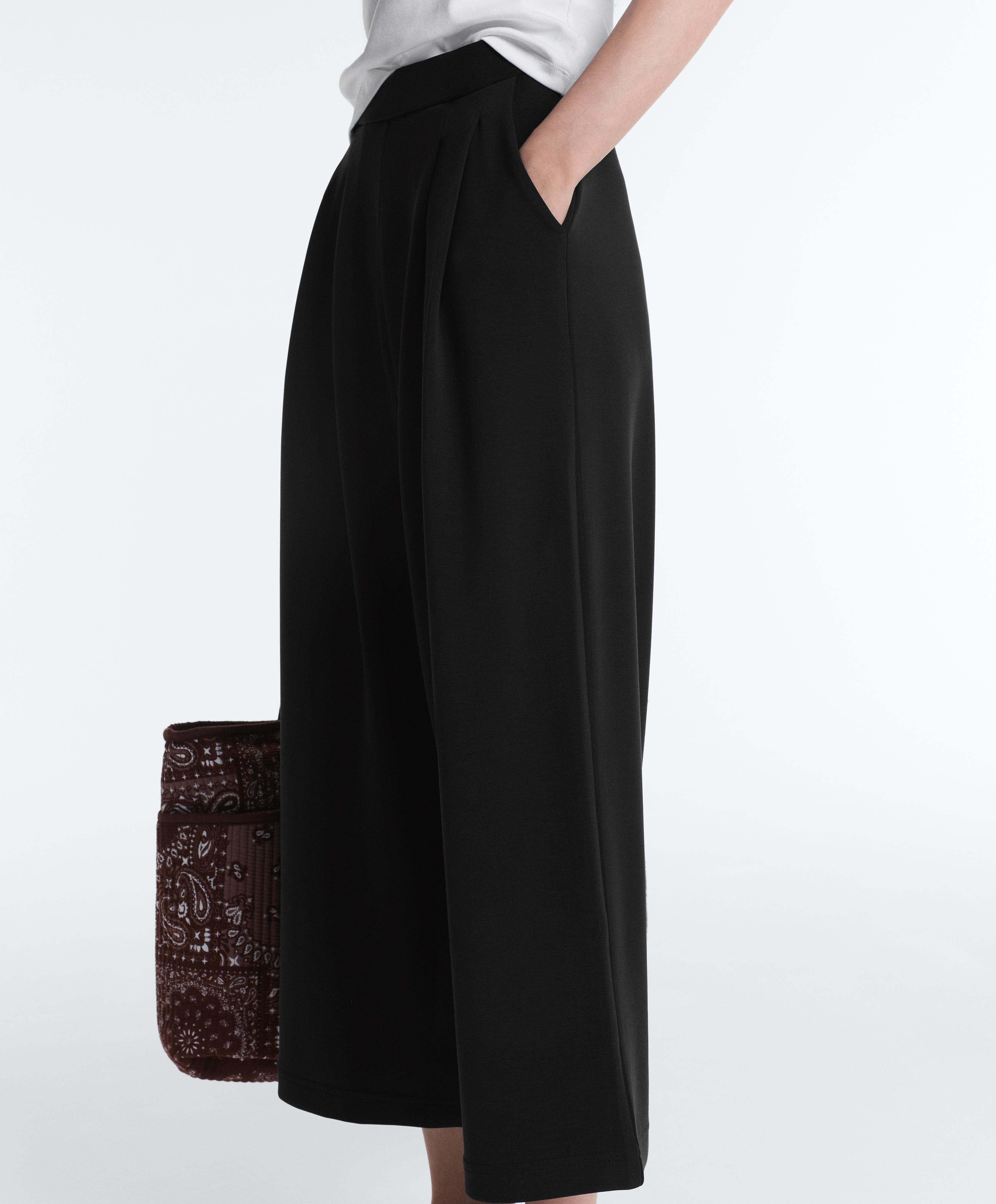 Soft-touch wide-leg crop trousers with modal and pleats — BLACK