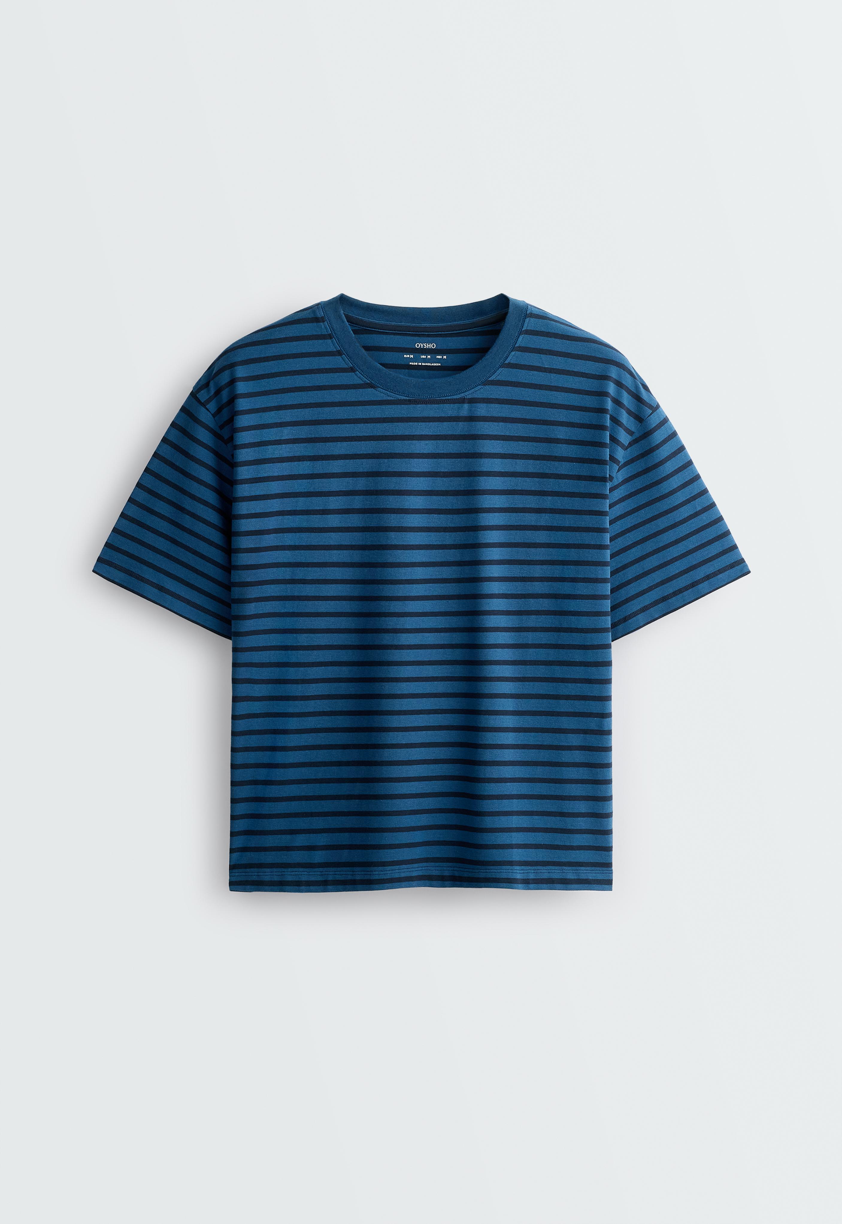 Striped boxy cotton blend short-sleeved T-shirt — NAVY BLUE
