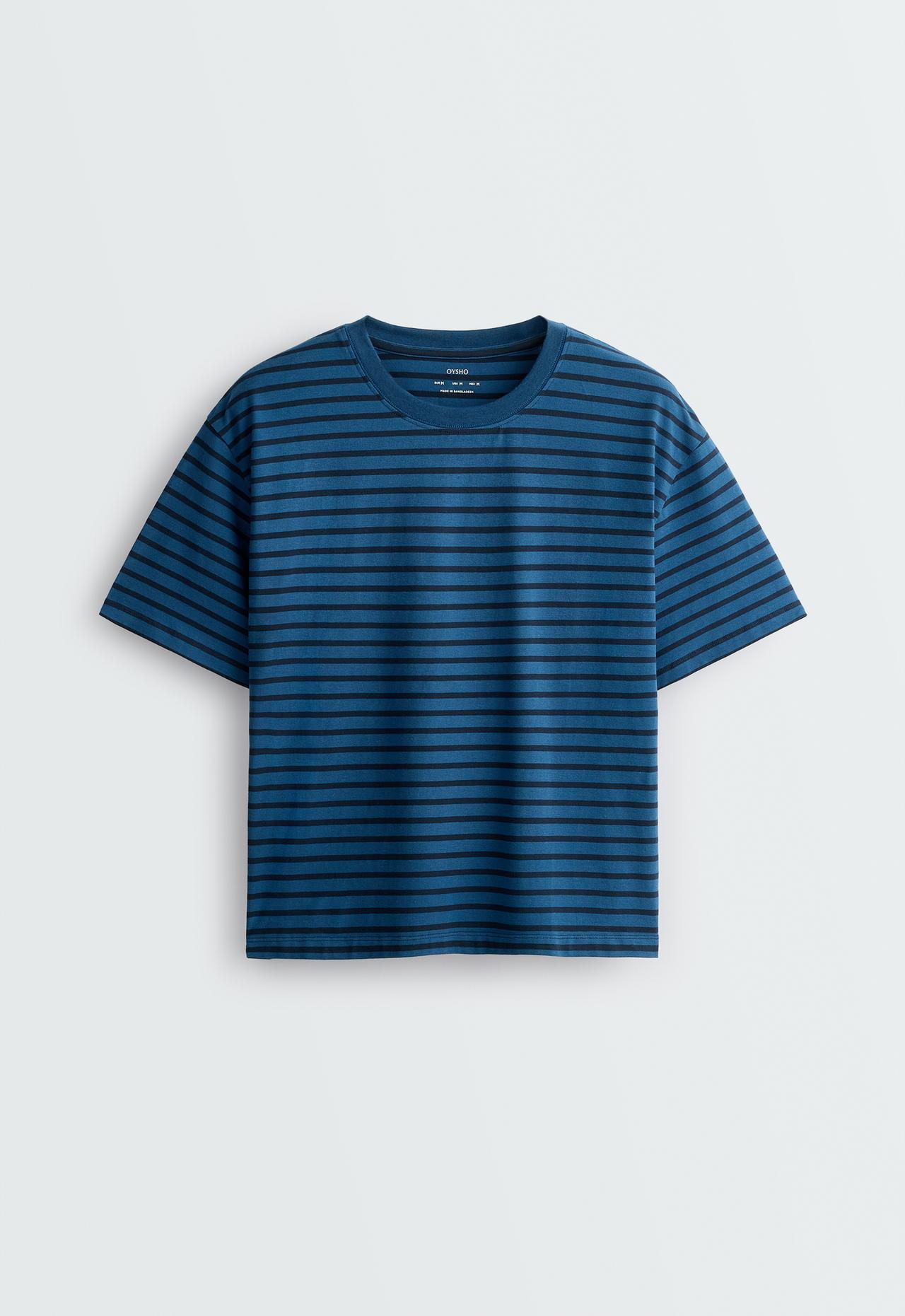 Striped boxy cotton blend short-sleeved T-shirt — NAVY BLUE