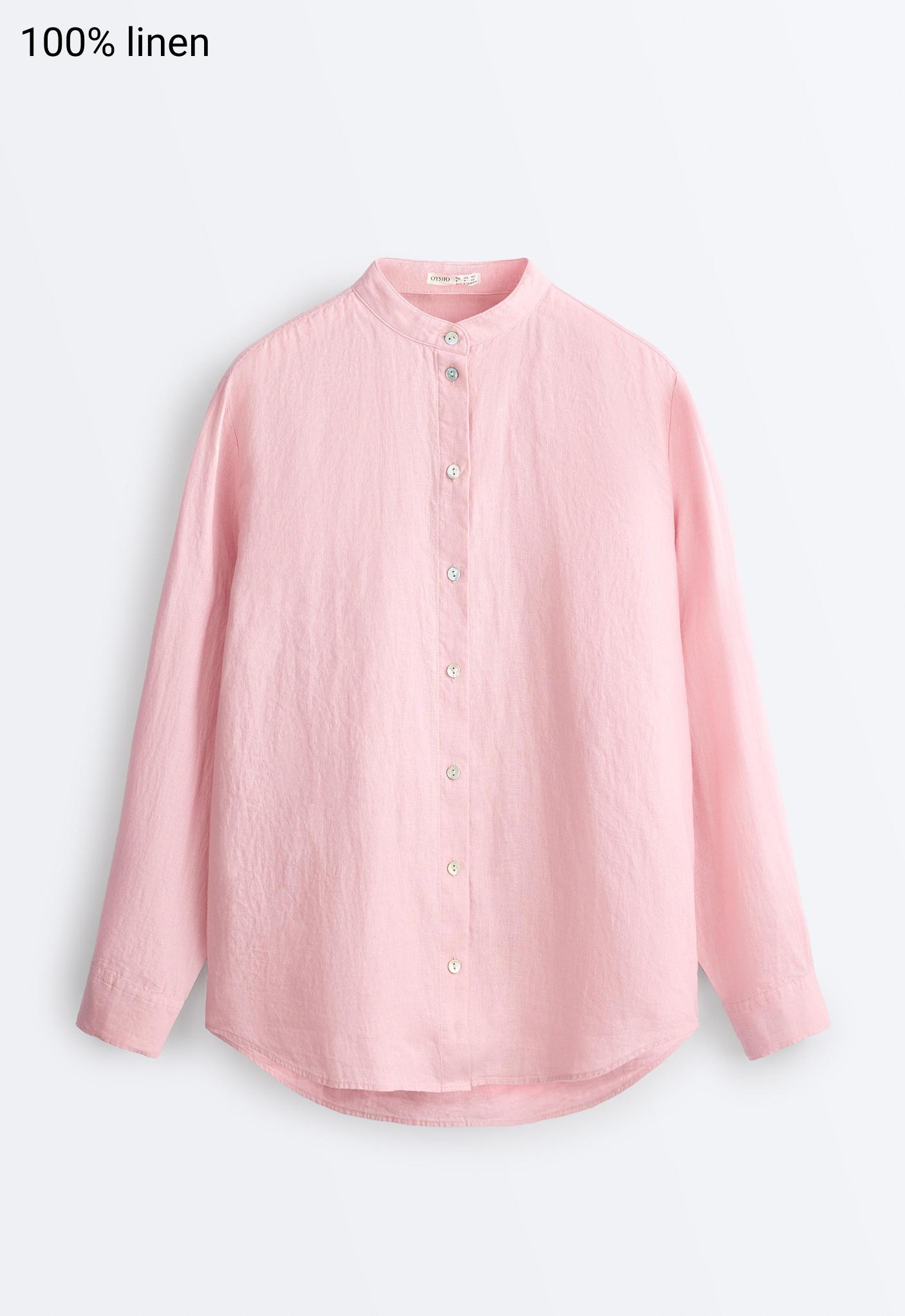 100% linen stand-up collar shirt — PALE PINK