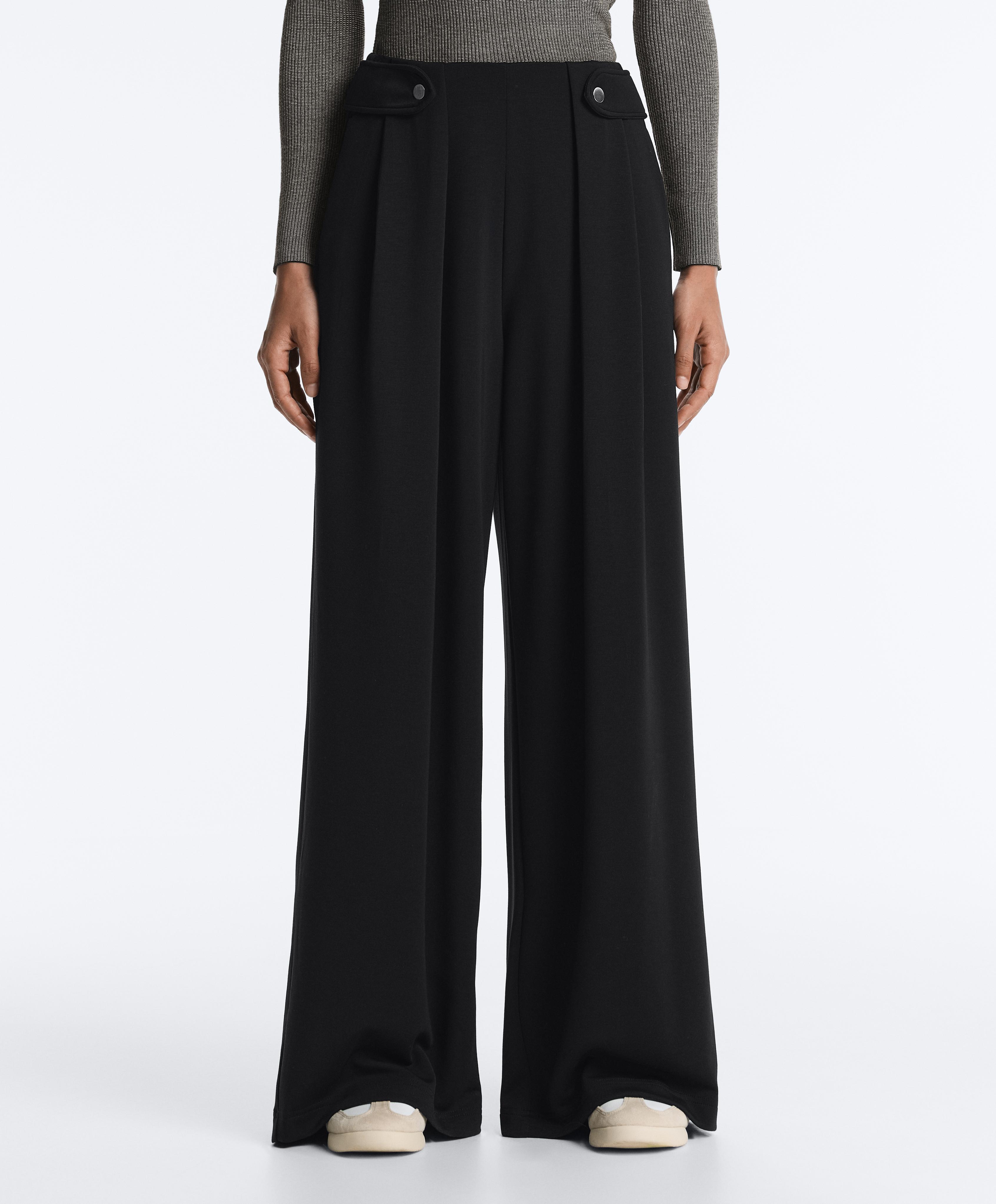 Soft-touch modal wide-leg trousers with pleat waist detail — BLACK