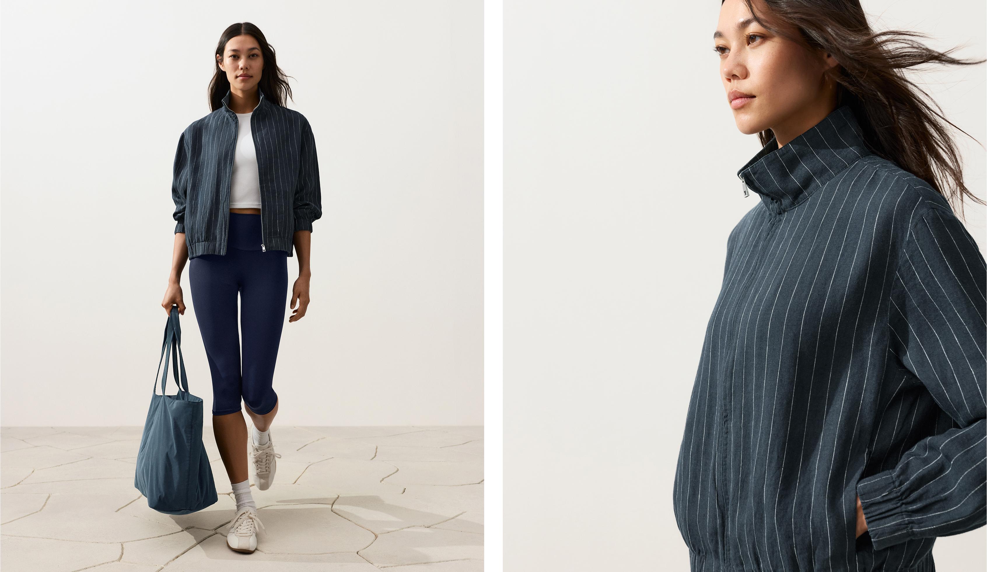 Pinstriped 100% linen high-neck jacket — DARK NAVY