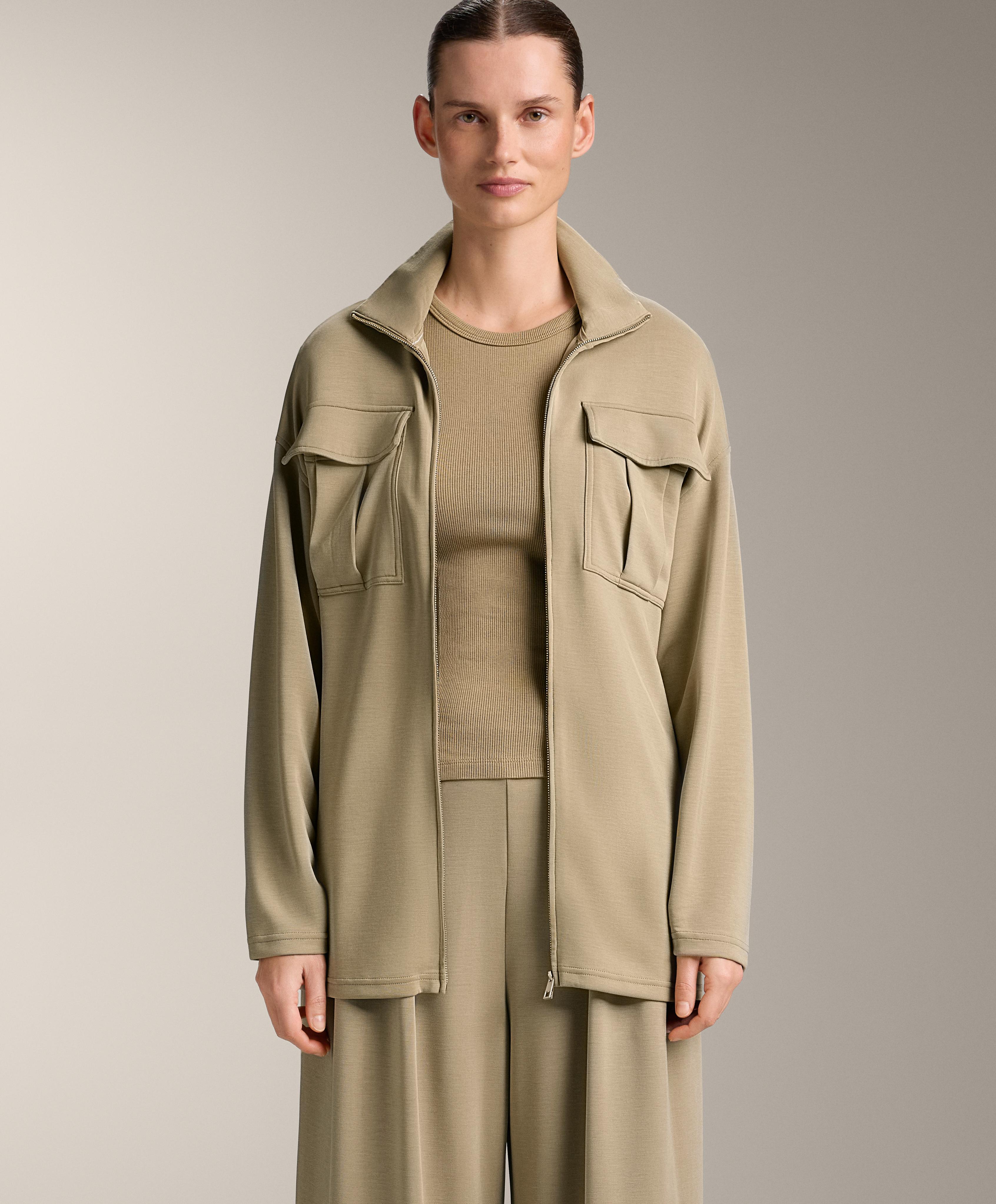Long soft-touch jacket with modal and belt — GREEN BEIGE