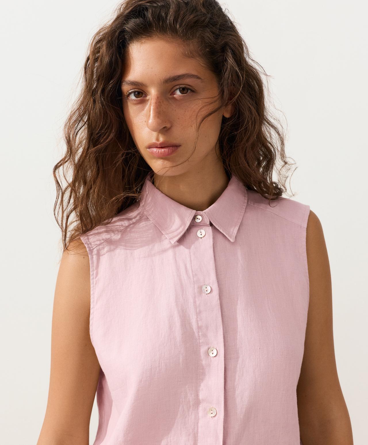 Sleeveless cropped 100% linen shirt — DUSTY PINK