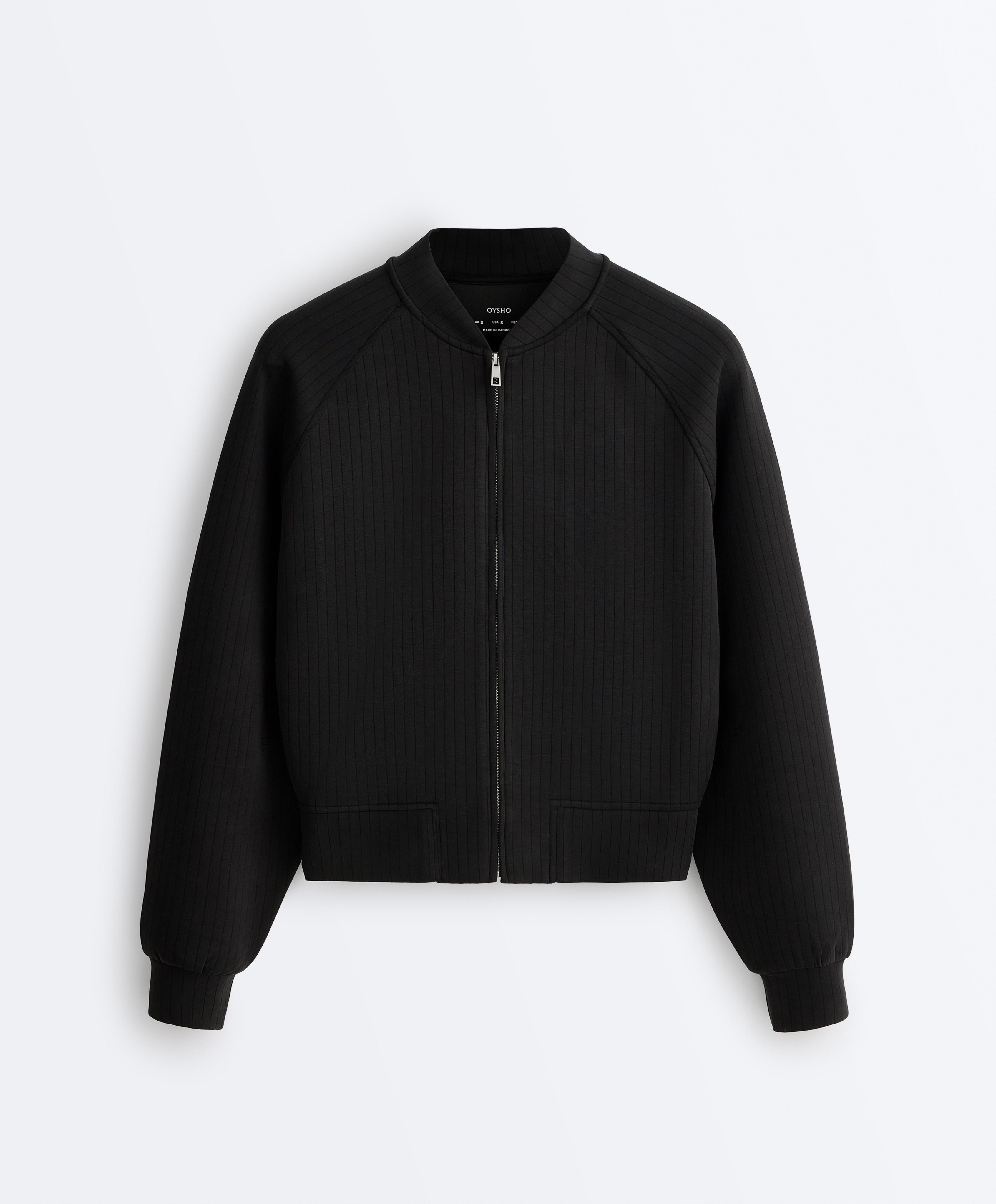 Striped bomber jacket with soft-touch modal — BLACK