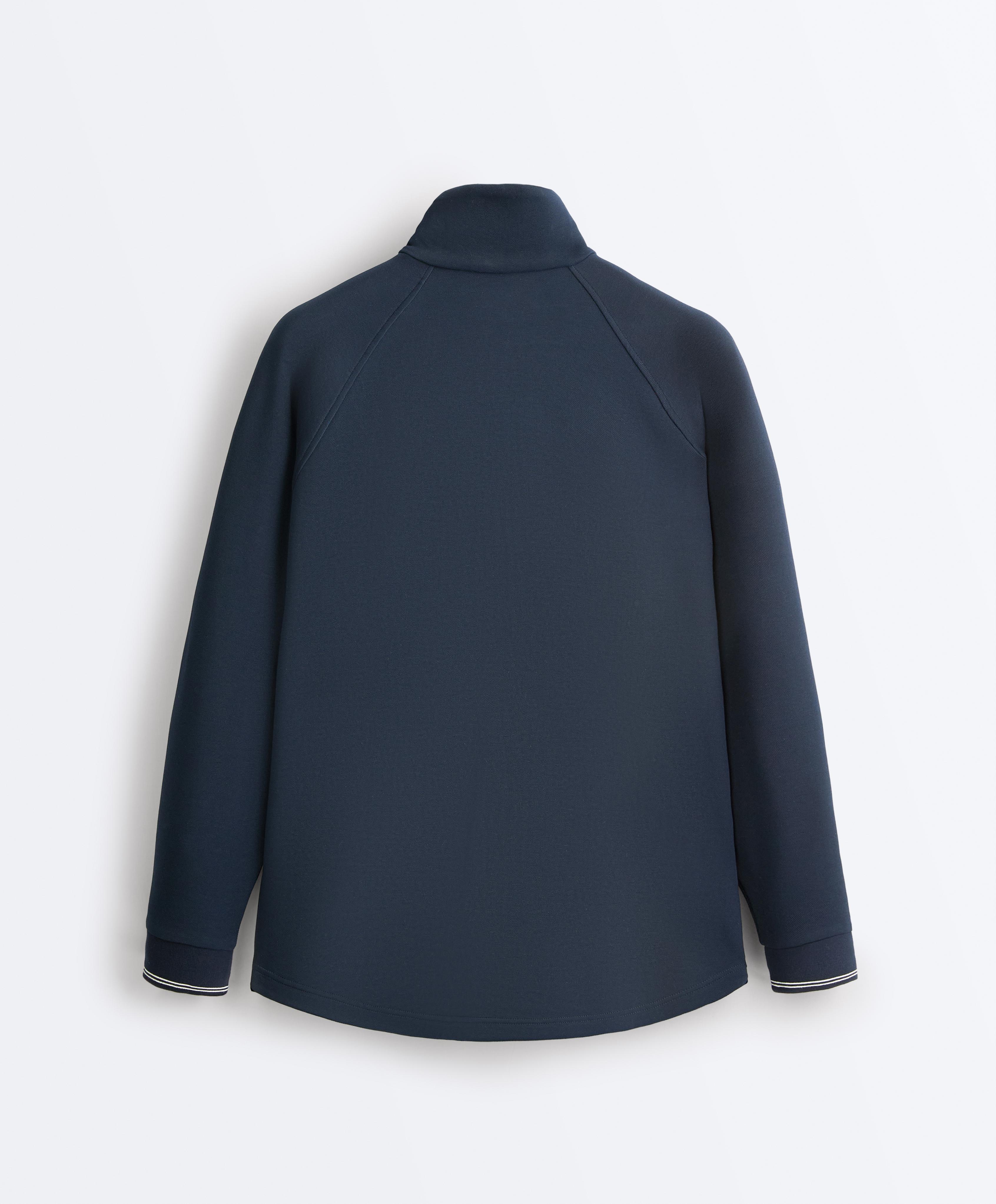 Long piqué jacket with contrast cotton piping — NAVY BLUE
