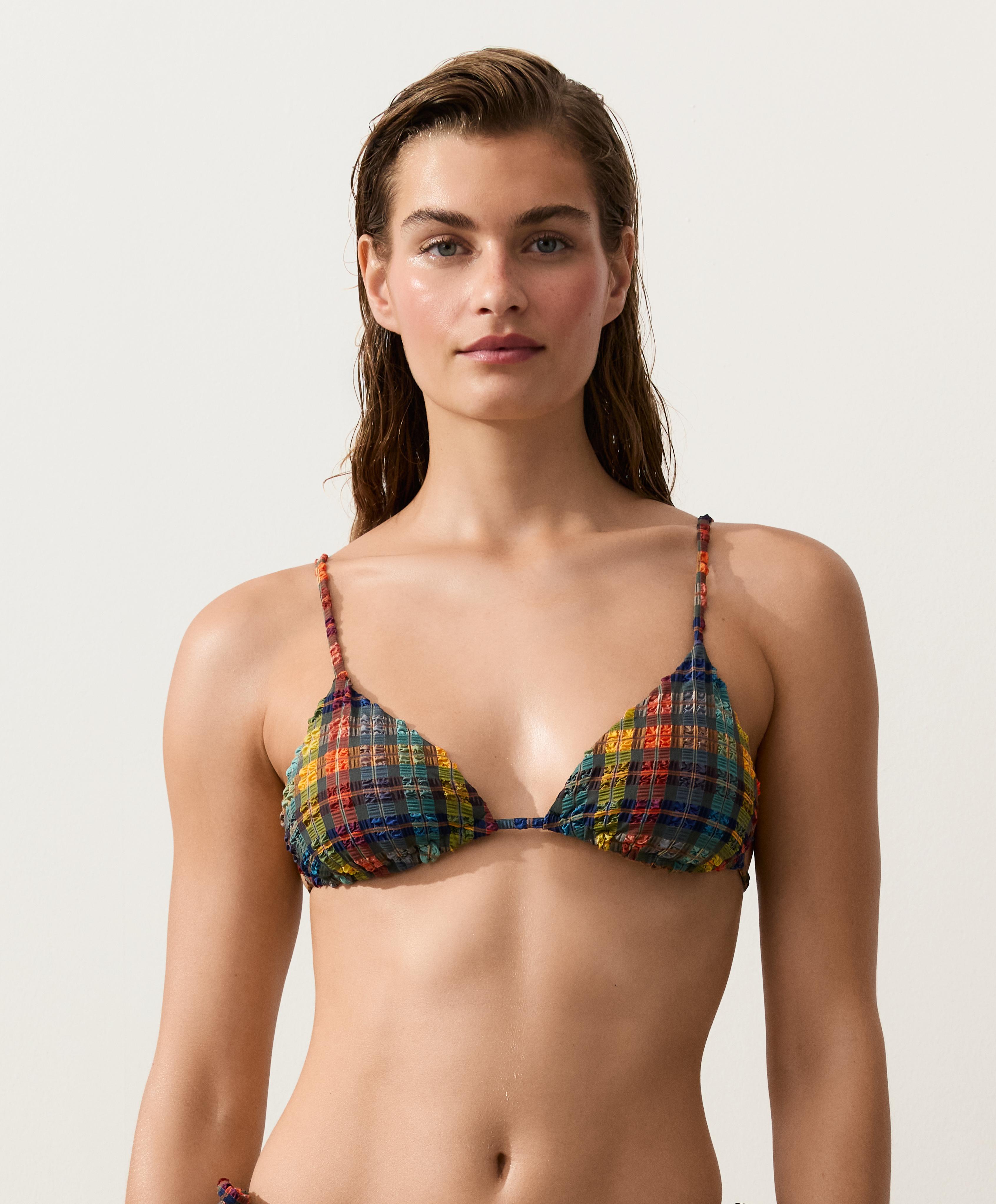 Textured check print triangle bikini top