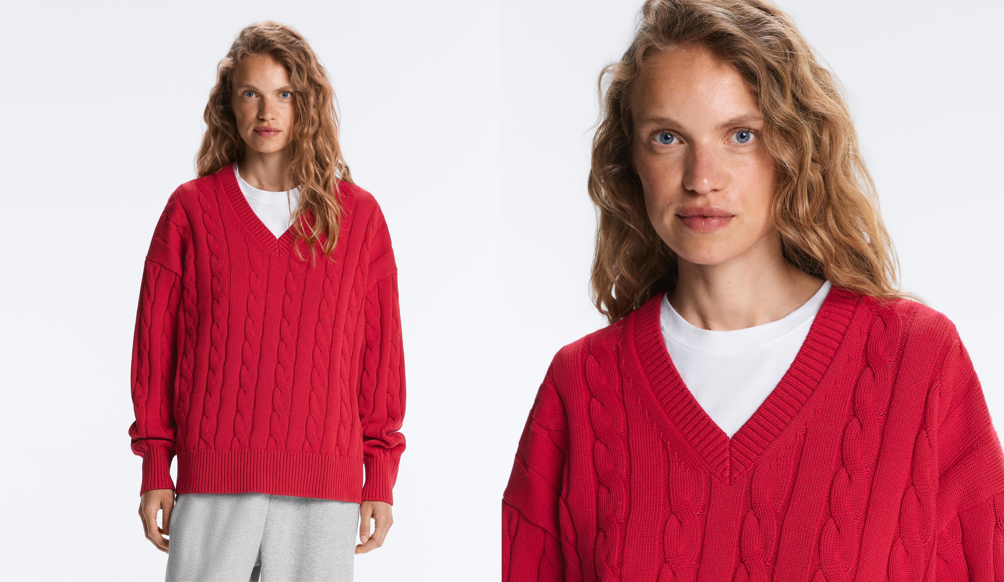 100% cotton cable knit V-neck jumper — BRIGHT RED