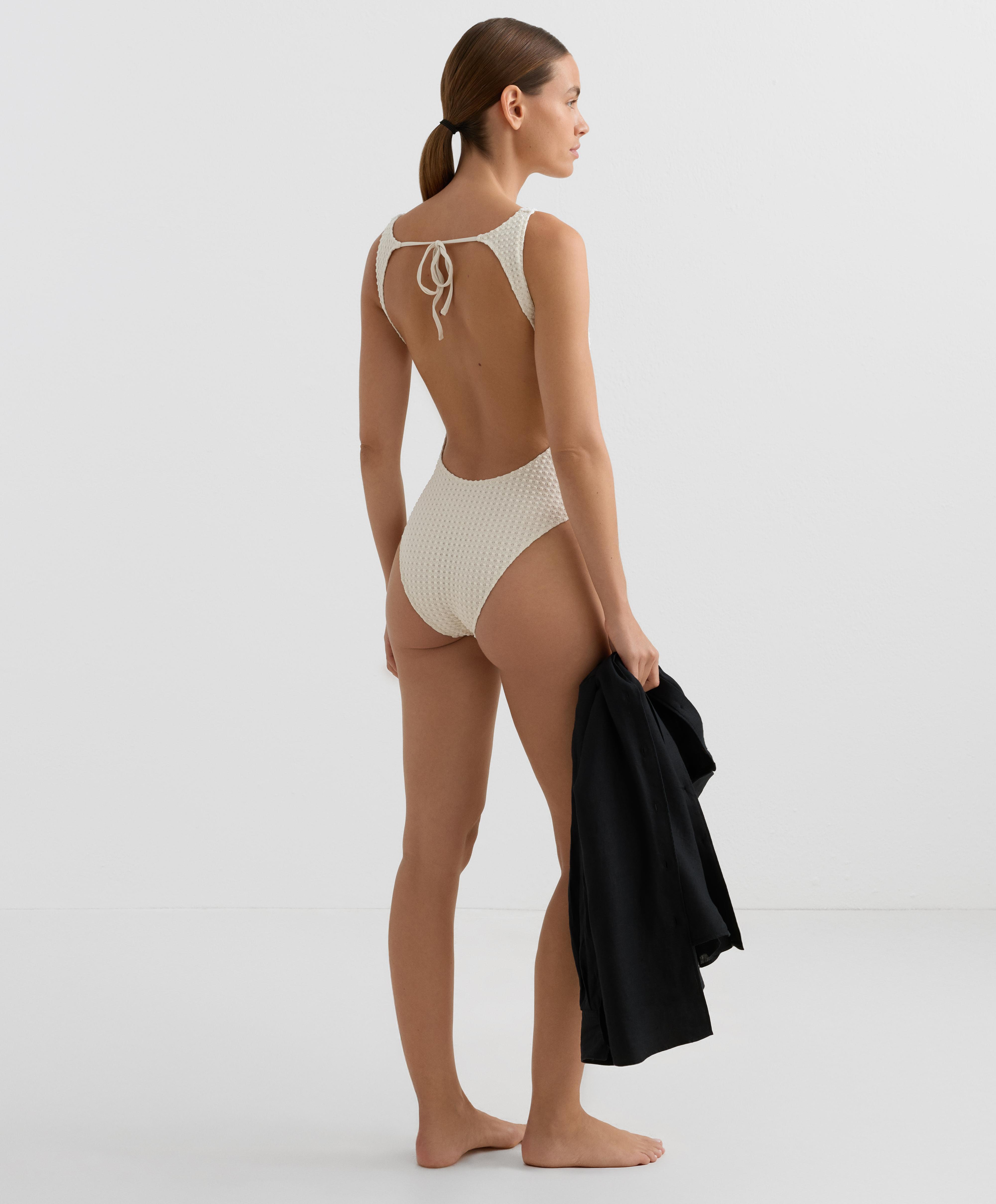 Bubble-texture crochet halter swimsuit — ECRU