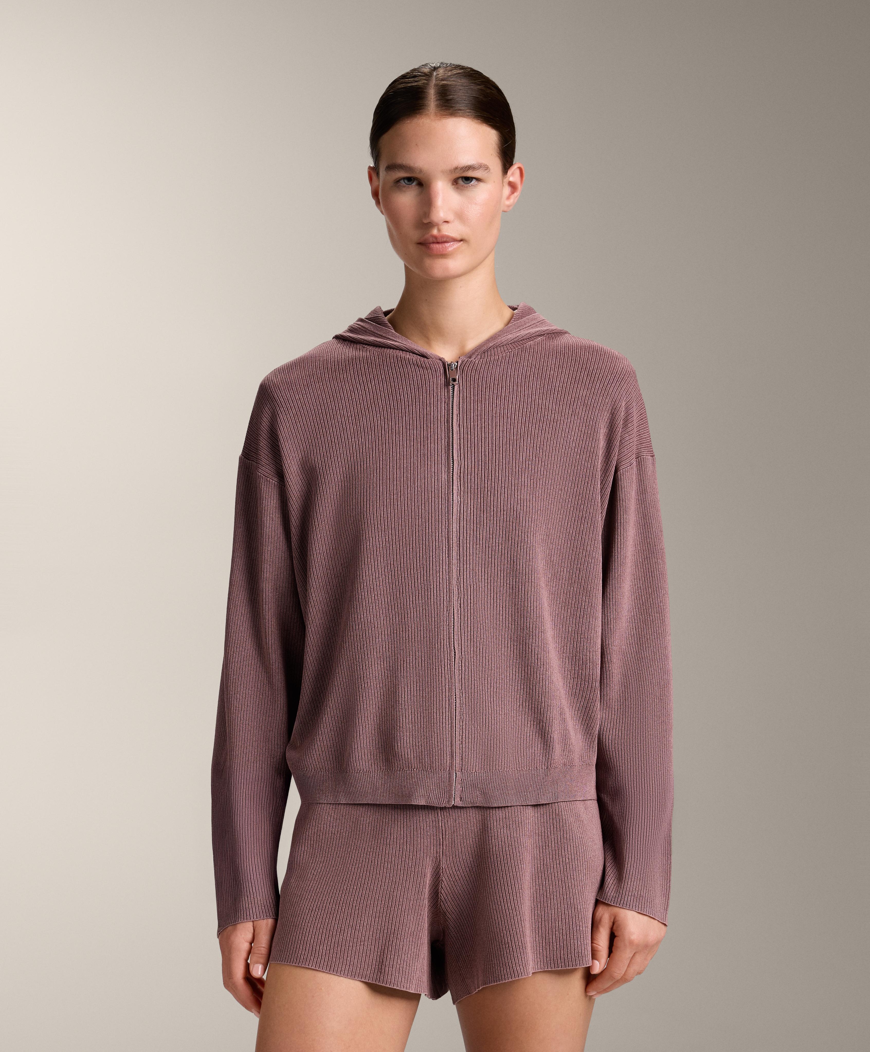 Hooded rib-knit jacket — PINK-MAUVE