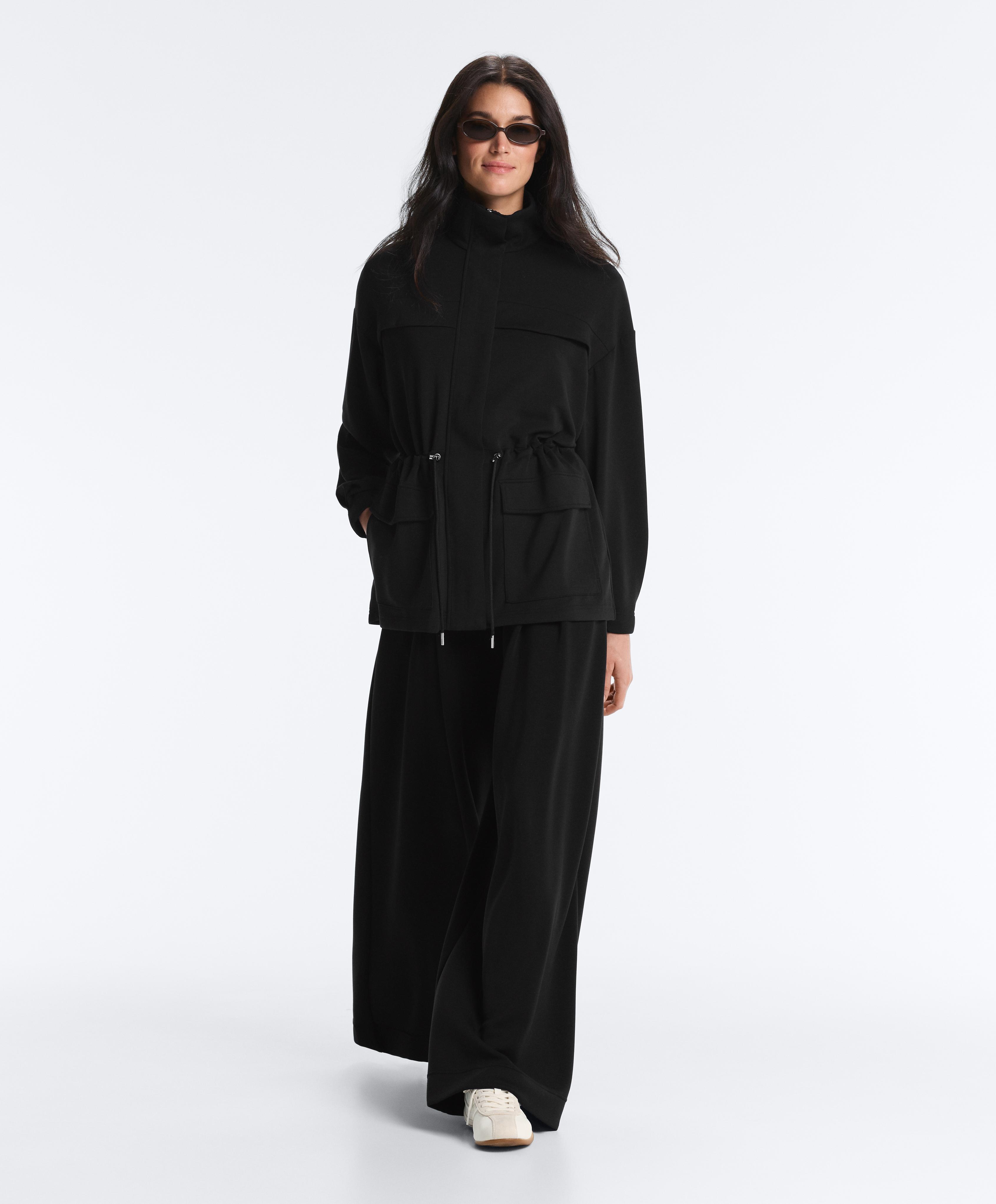 Long soft-touch modal jacket with pockets — BLACK