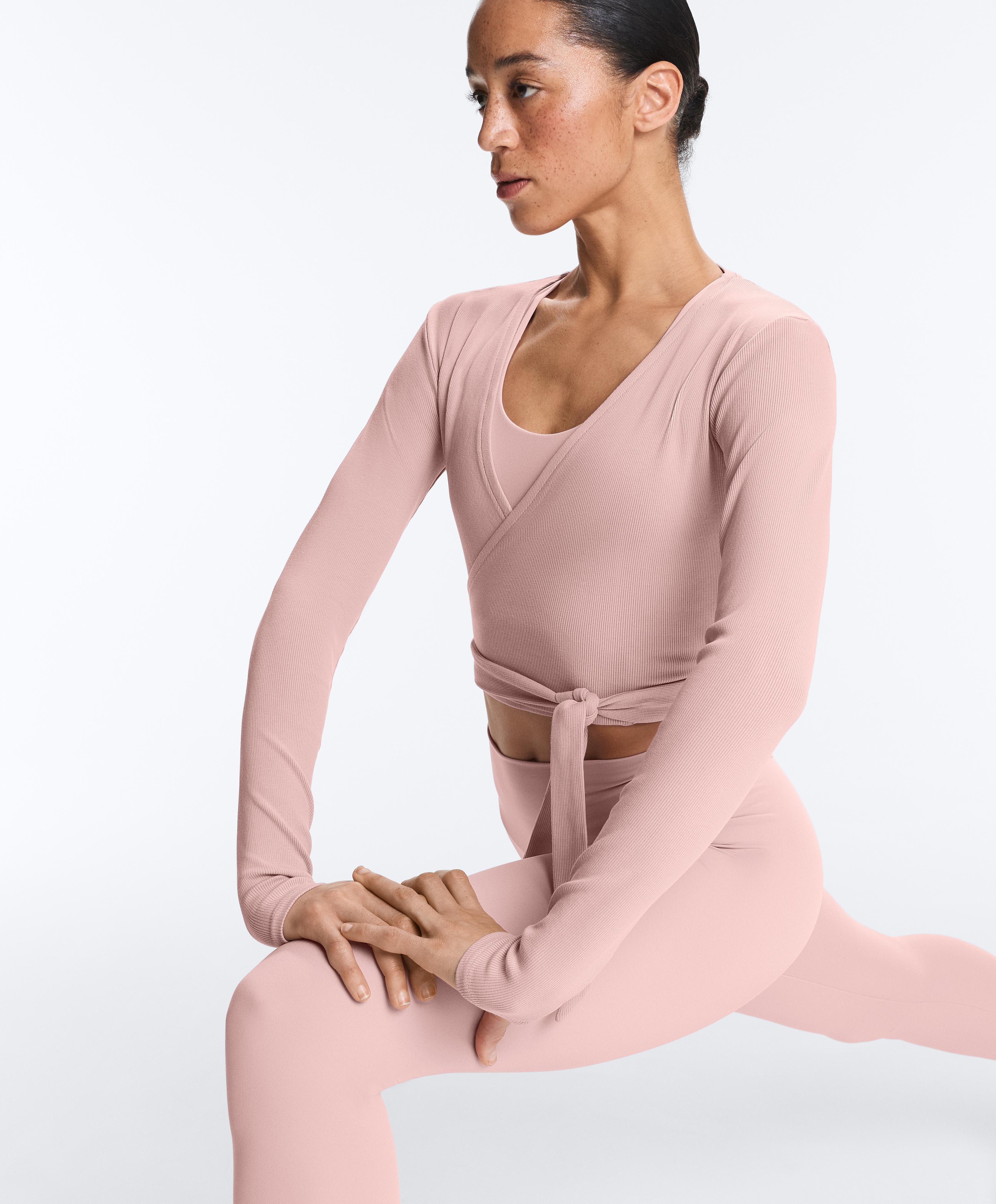 Rib cotton blend wrap T-shirt — NUDE PINK
