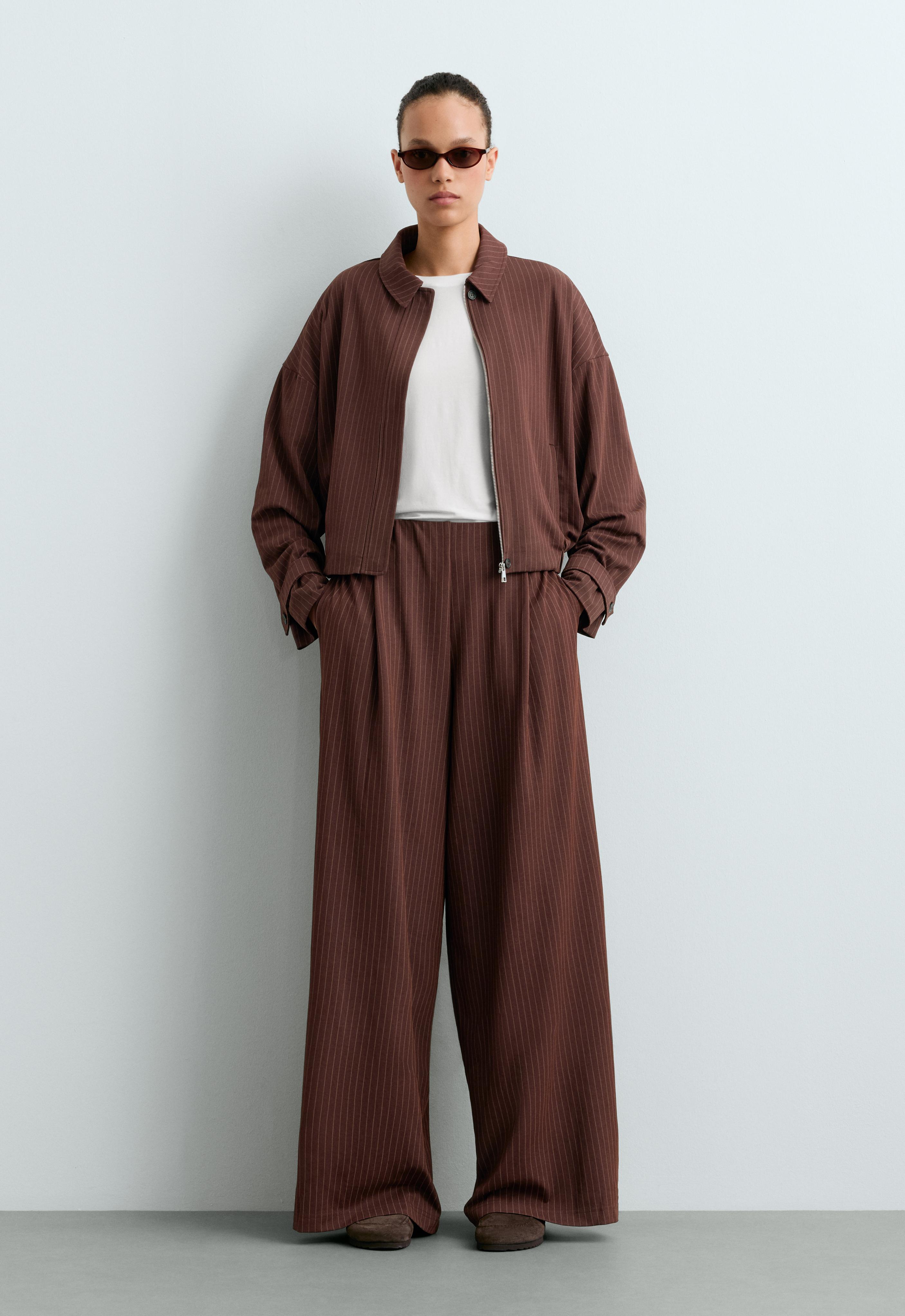 Wide-leg pinstripe piqué cotton crop trousers — CHOCOLATE