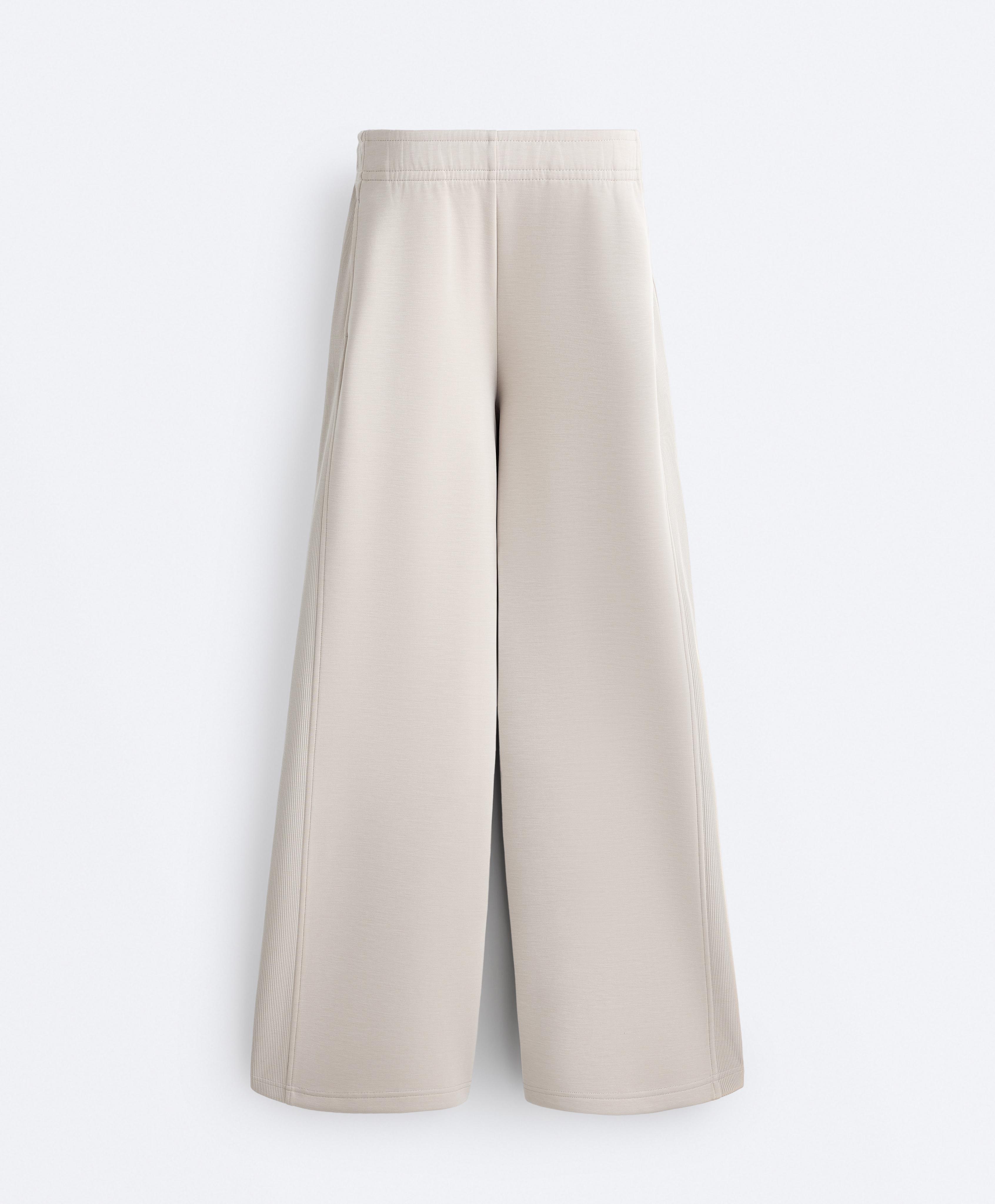 Wide-leg straight trousers with side rib and brushed modal — TAUPE