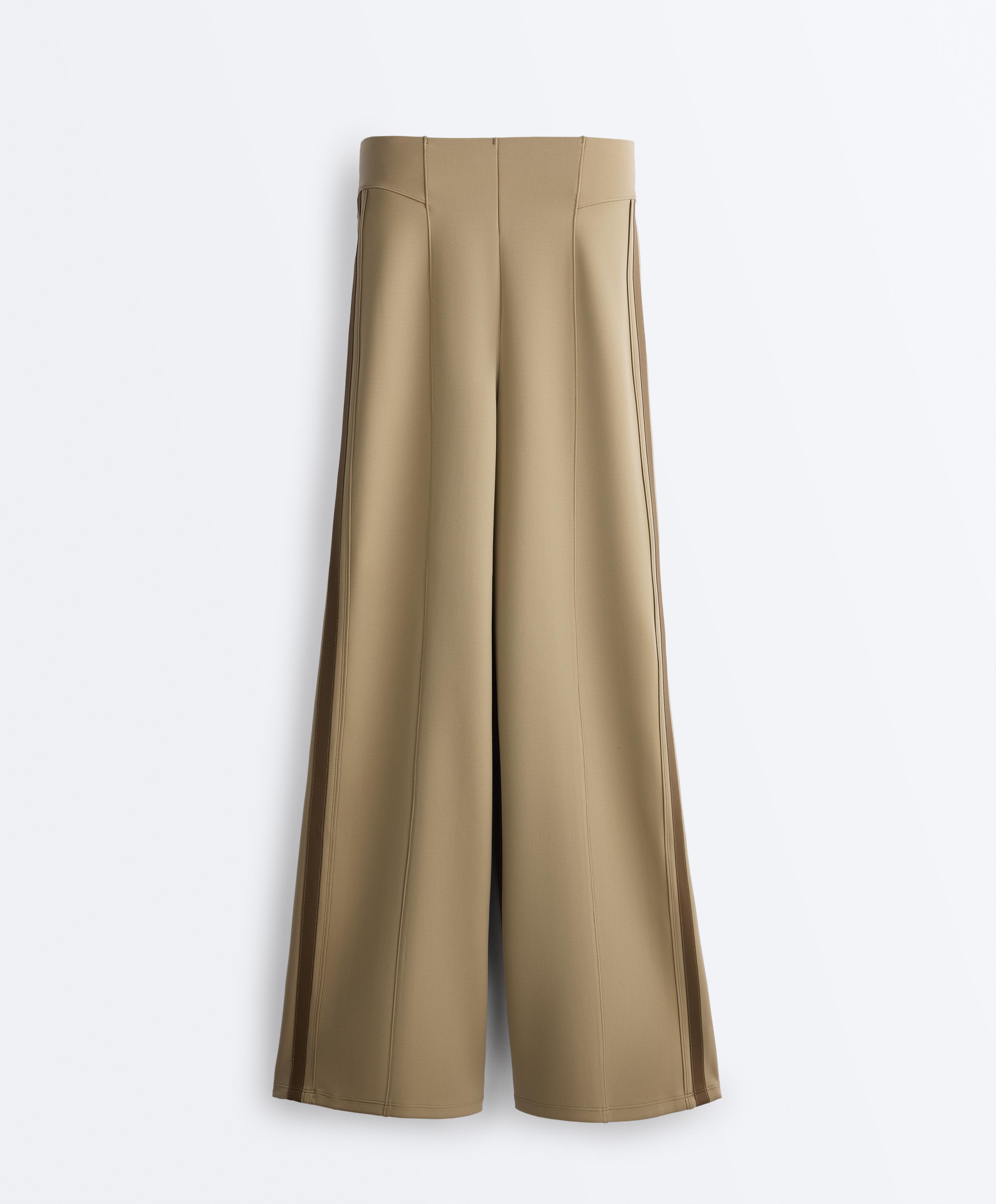 High rise neoprene-effect straight-leg trousers with piping — GREEN BEIGE