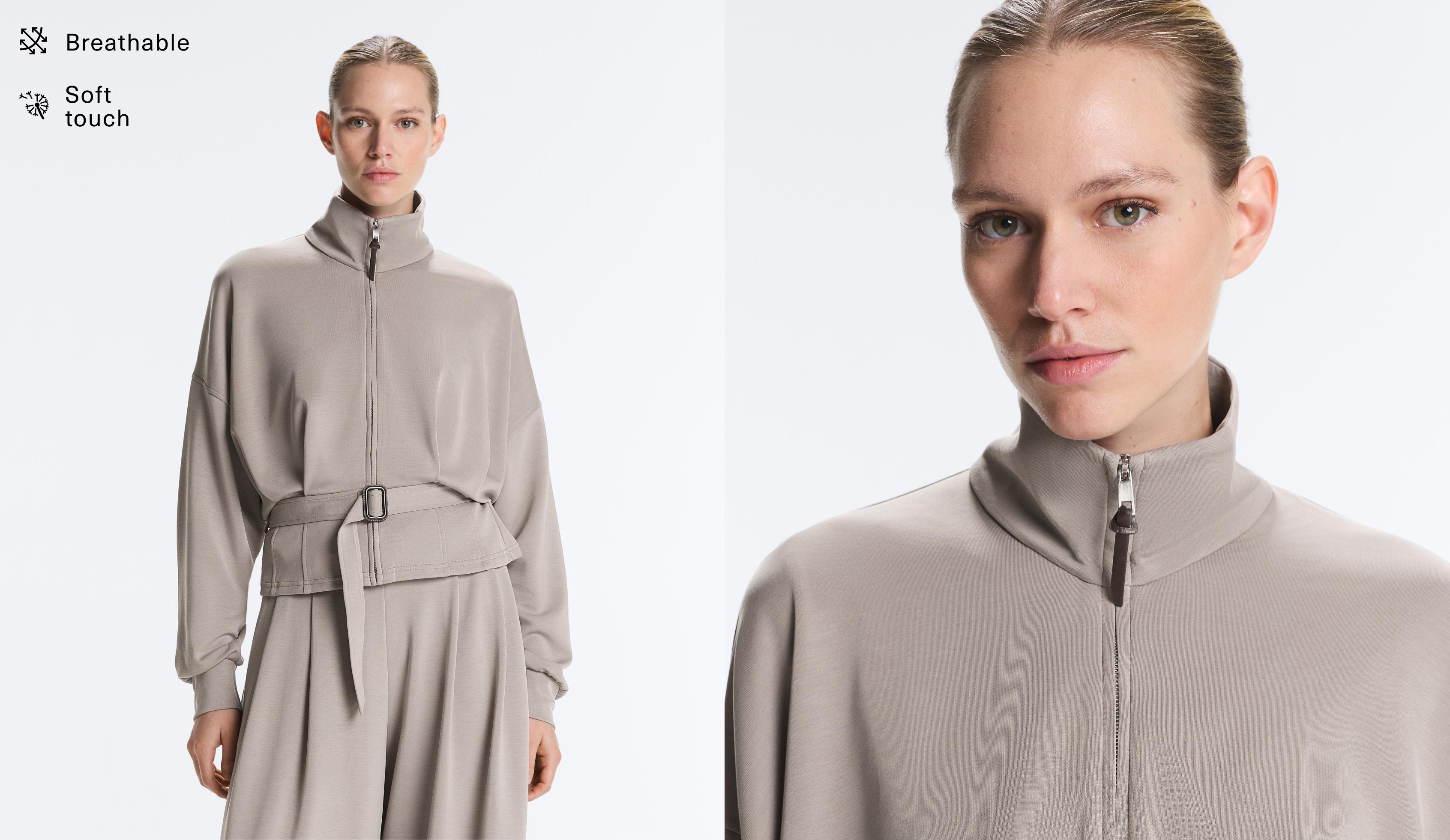 Soft-touch corset belt jacket with modal — PALE TAUPE