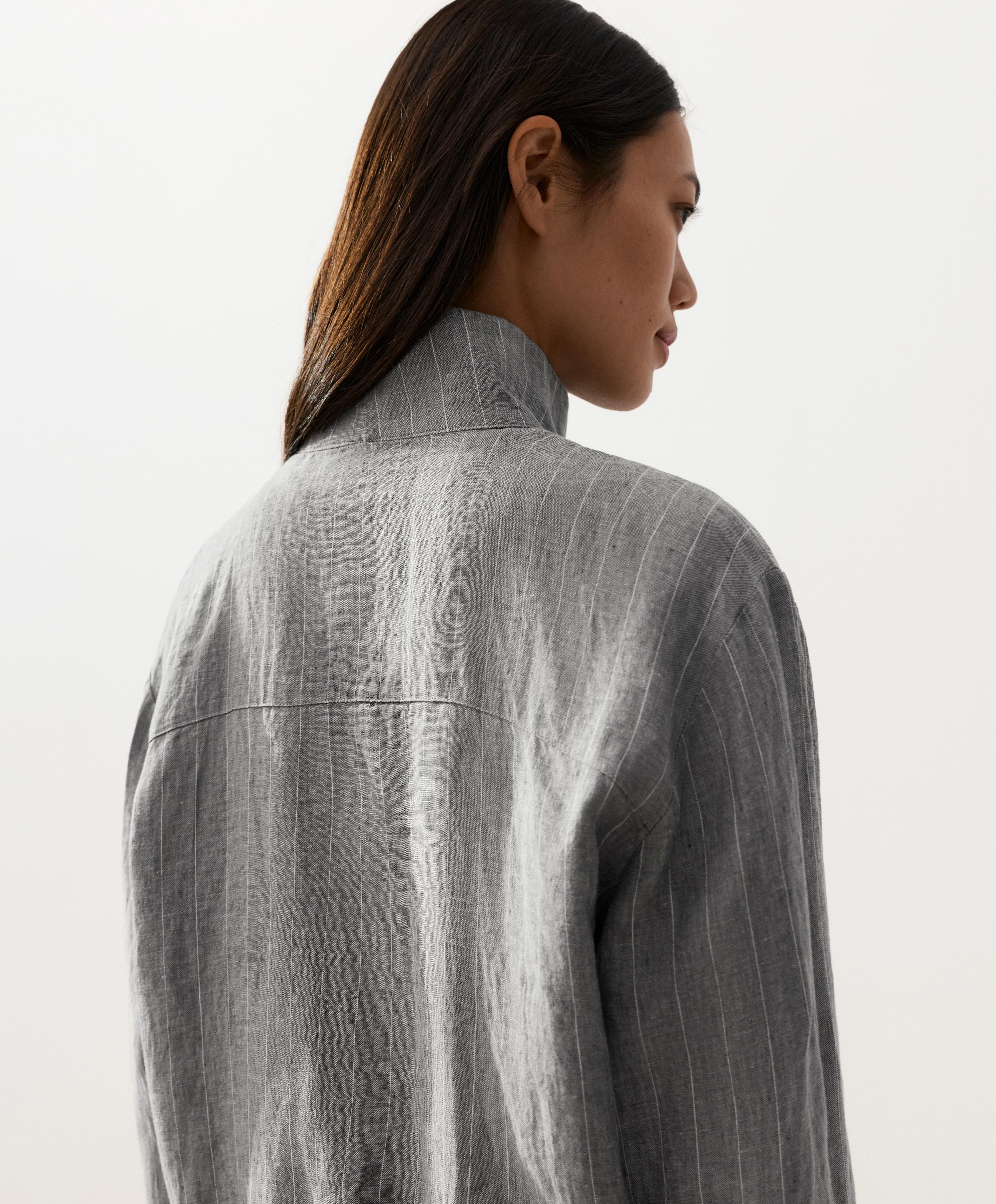 Pinstriped 100% linen high-neck jacket — MID GREY