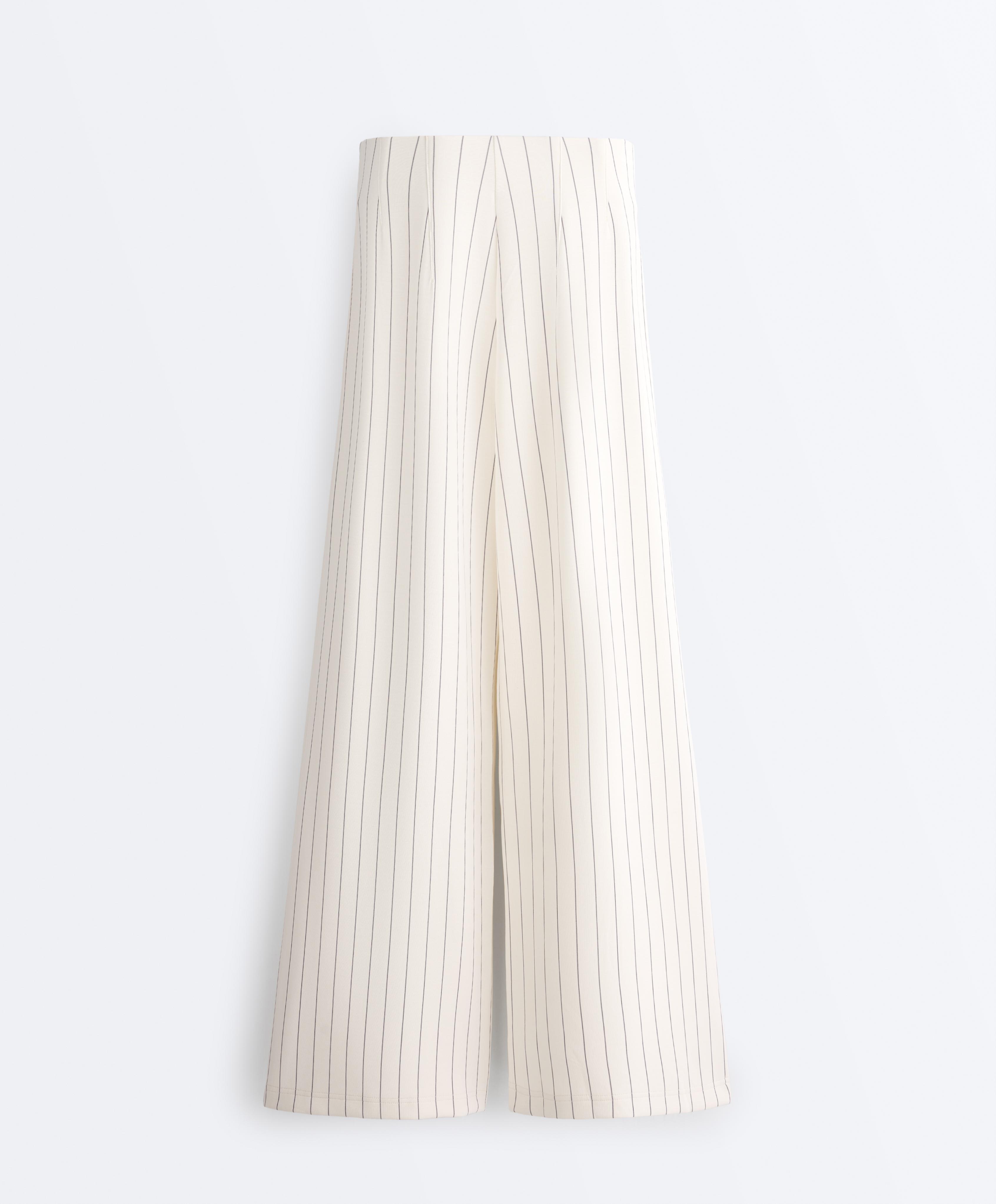Soft touch pinstripe wide leg high rise trousers — ECRU