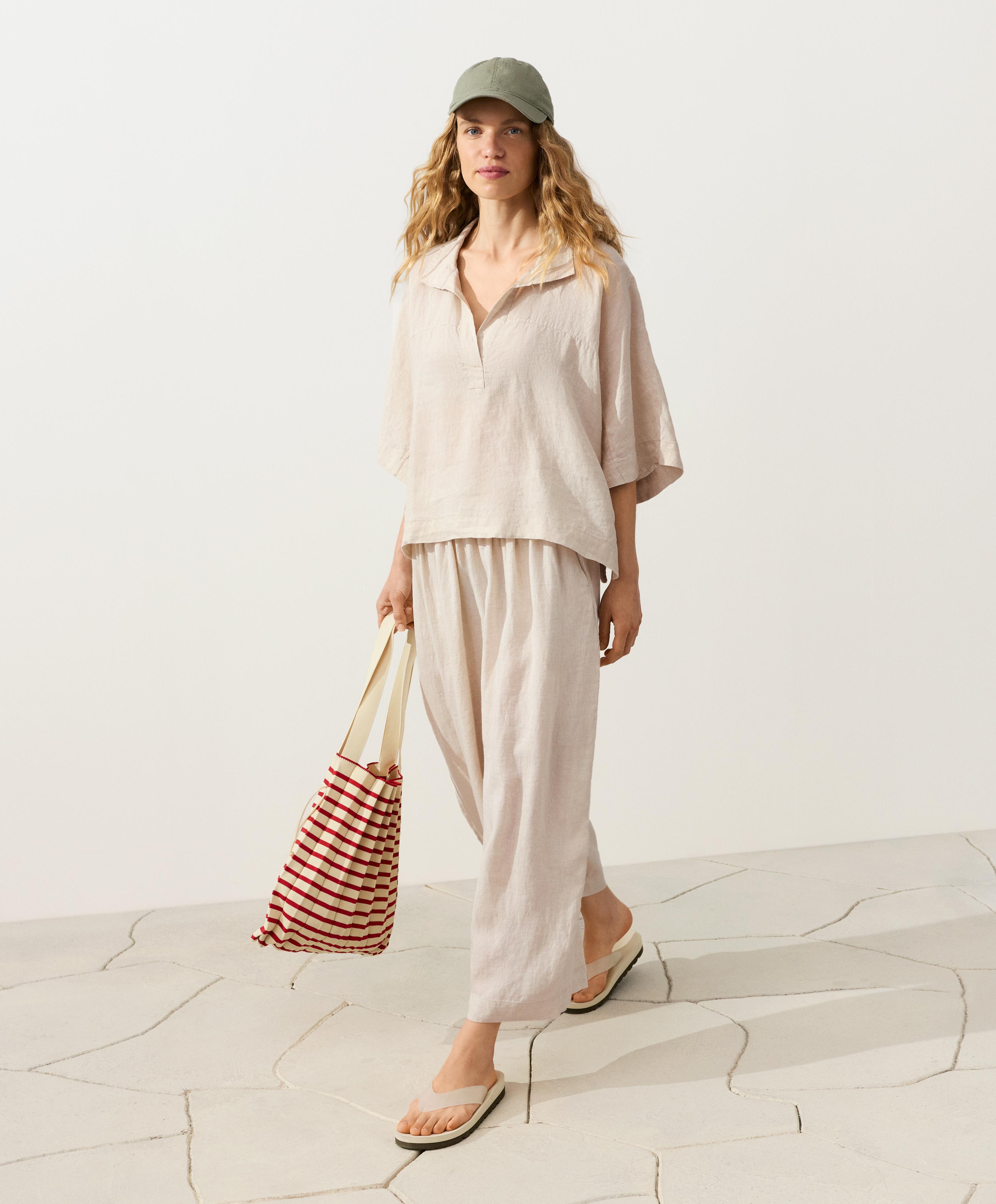 Oversize 100% linen polo shirt — SAND MELANGE