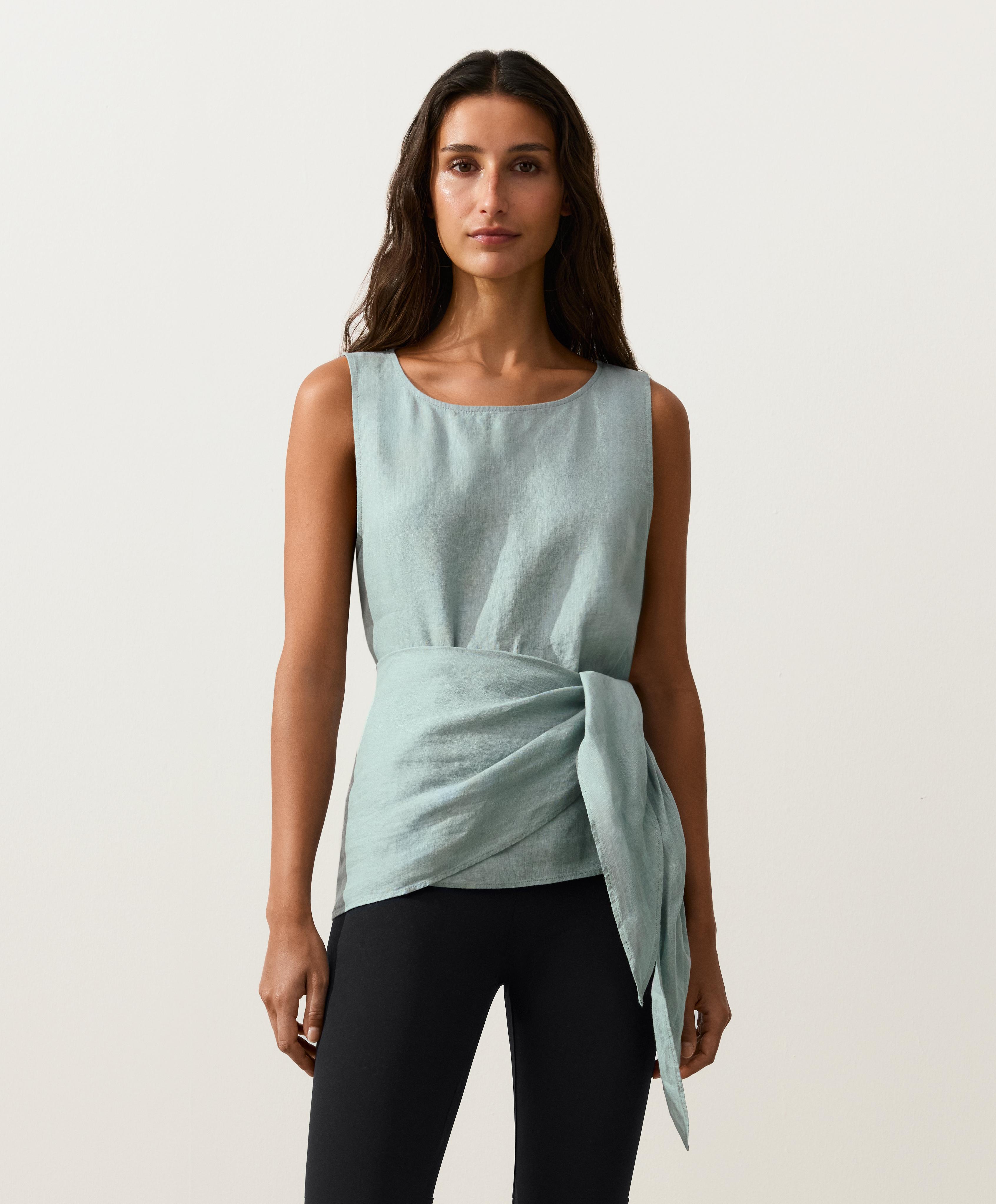 Sleeveless top with 100% linen scarf — AQUAMARINE