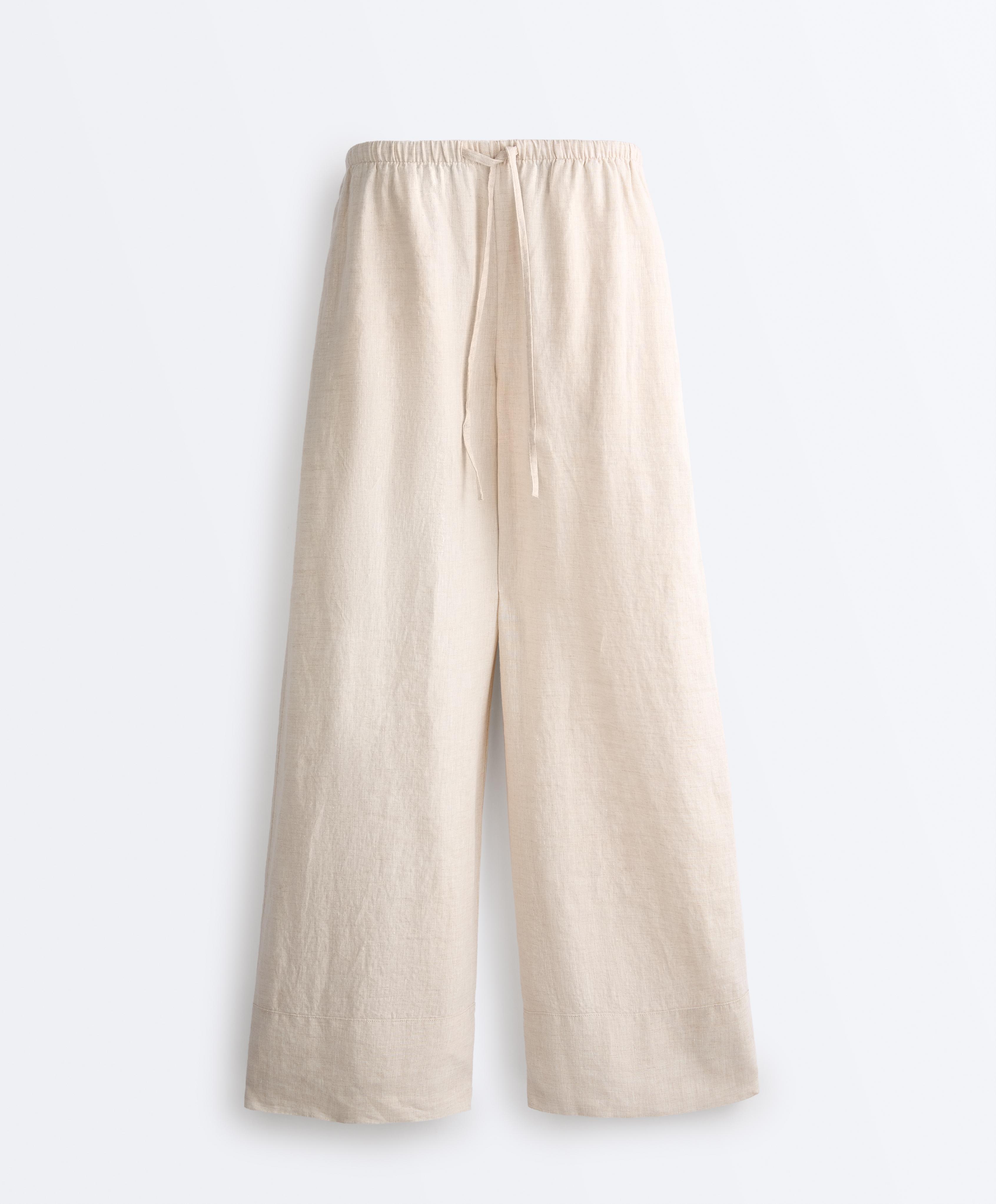 100% linen straight-leg trousers — SAND MELANGE