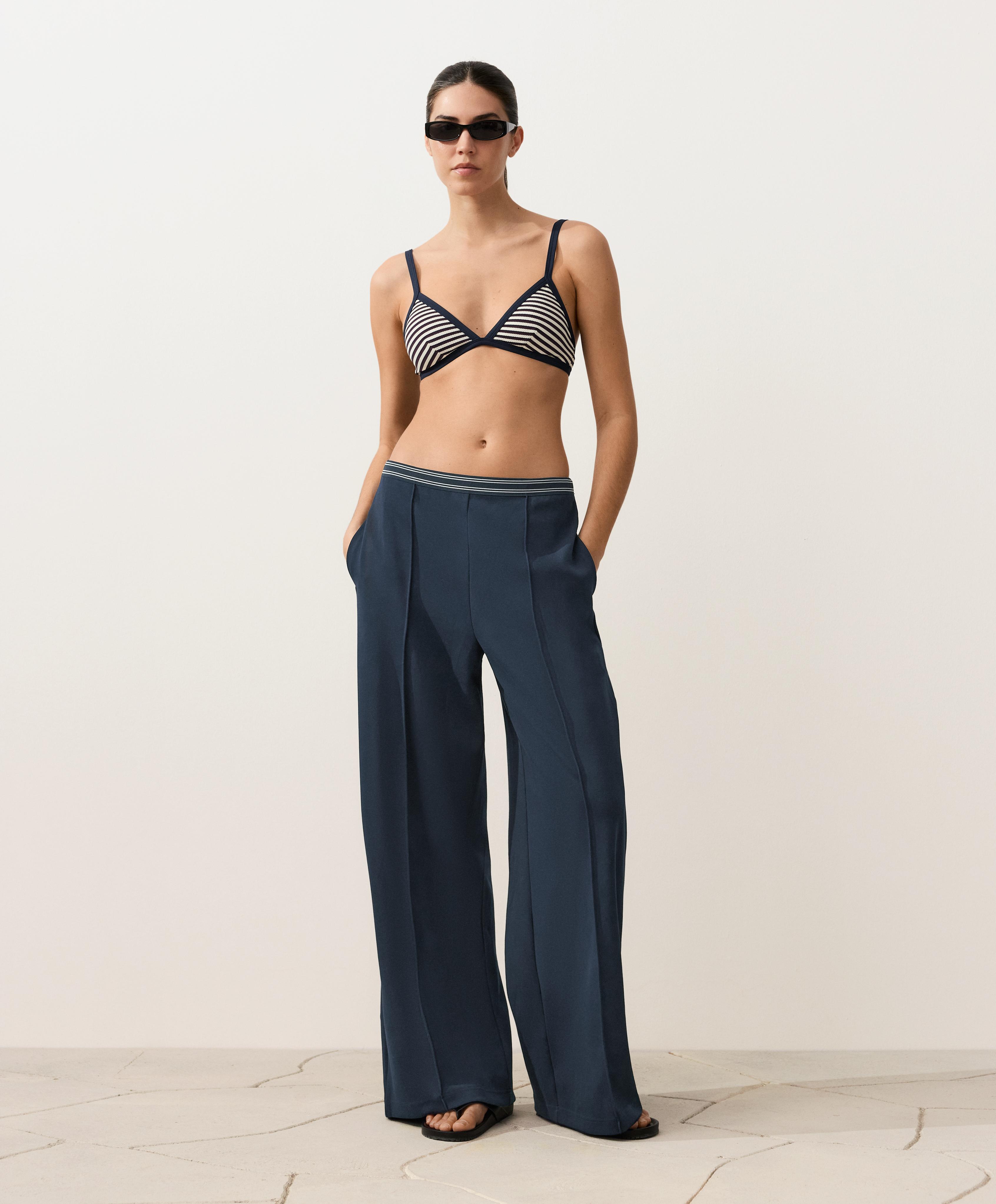 Trim textured stripe triangle bikini top — NAVY BLUE