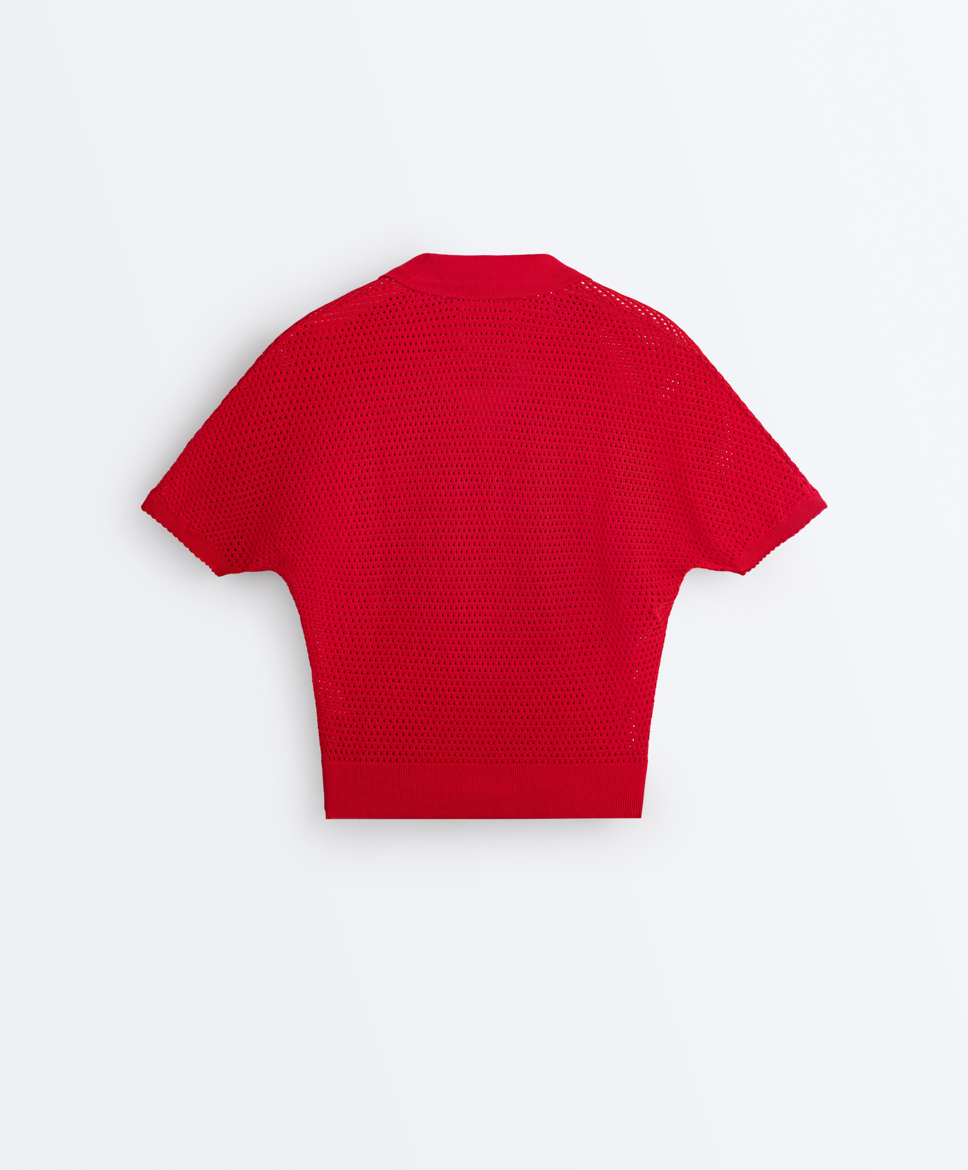 Cotton blend openwork knit polo — BRIGHT RED
