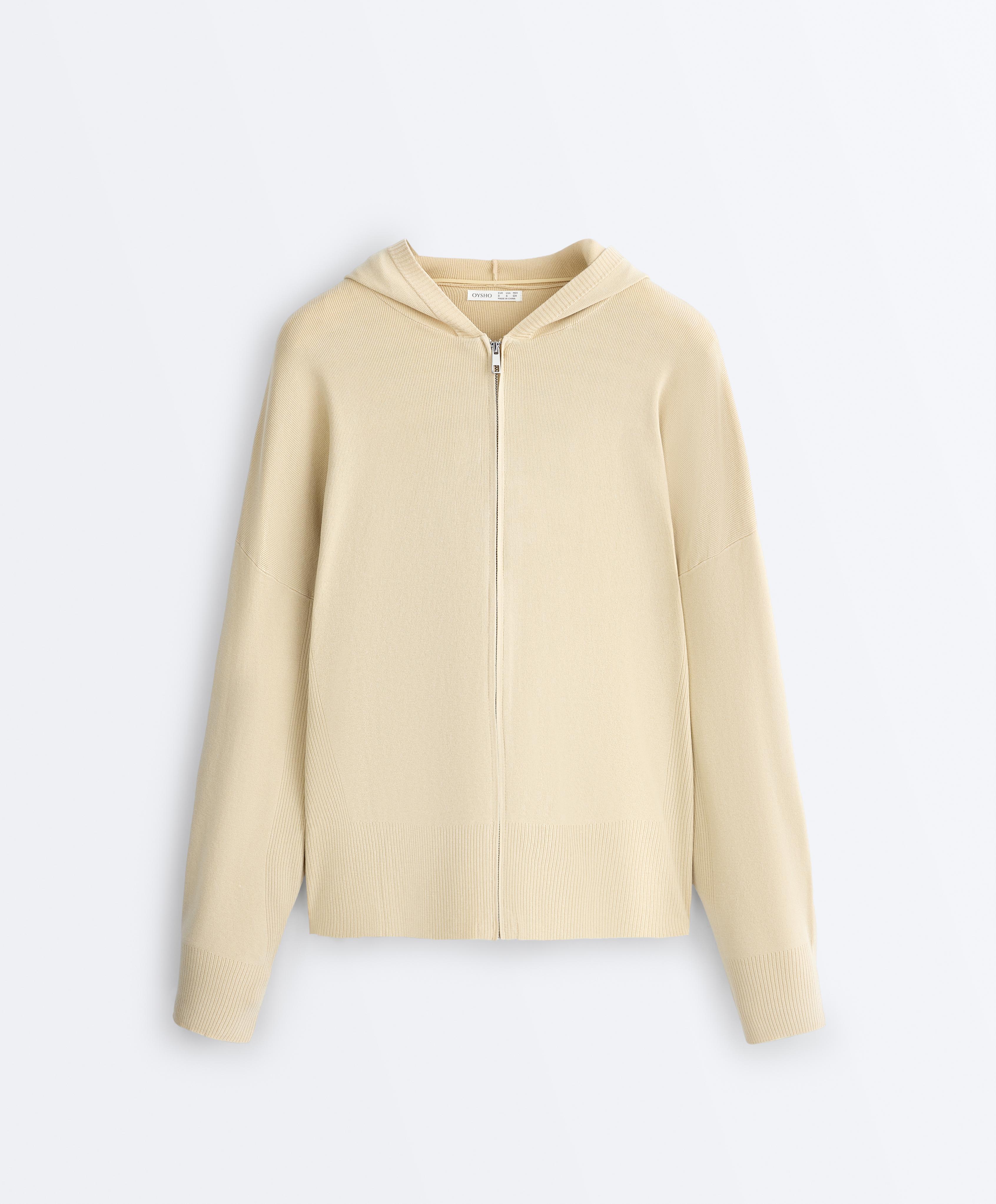 Long knit hooded jacket — BEIGE