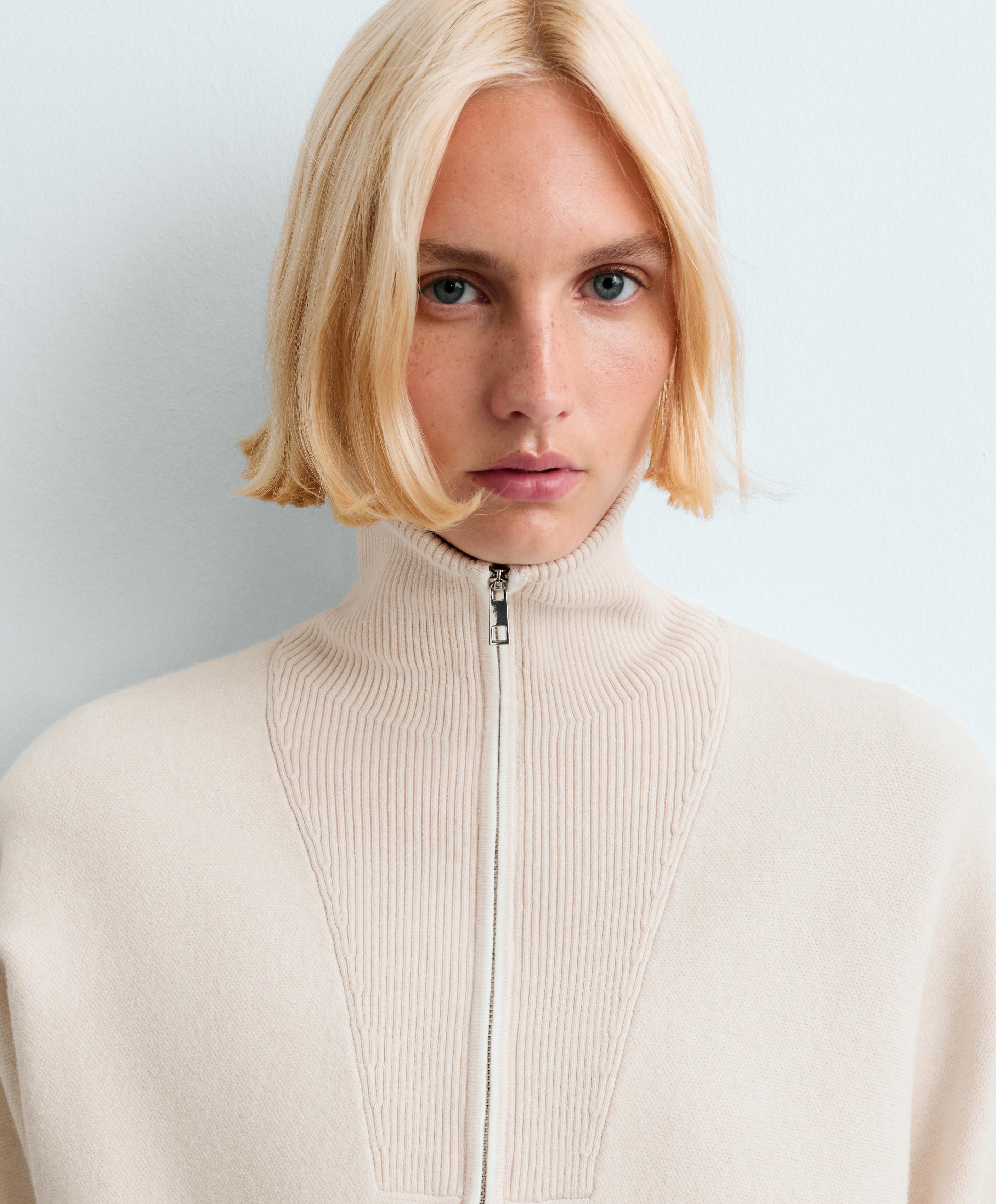High-neck mixed knit jacket — ECRU