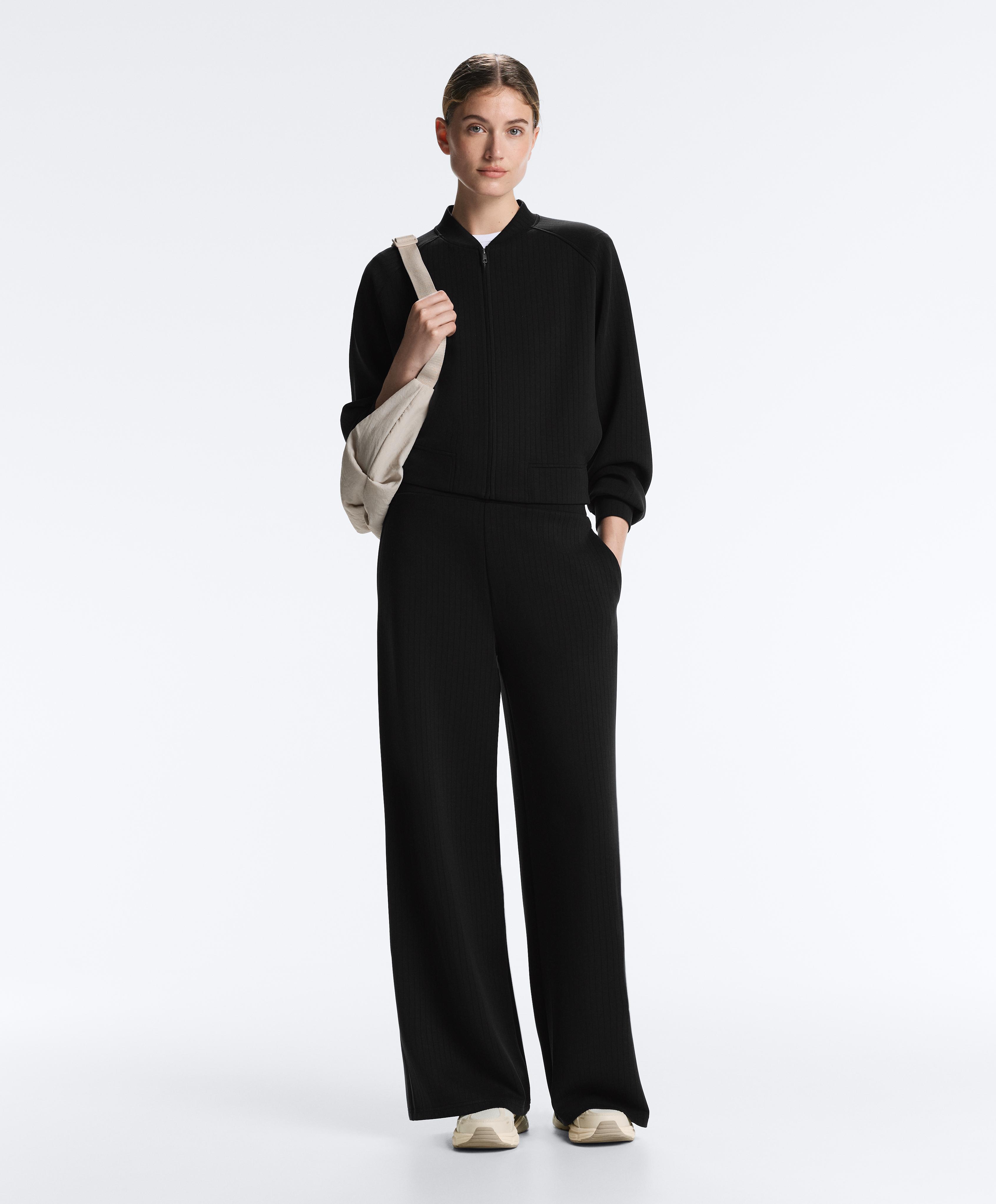 Black soft-touch modal total look with straight stripes