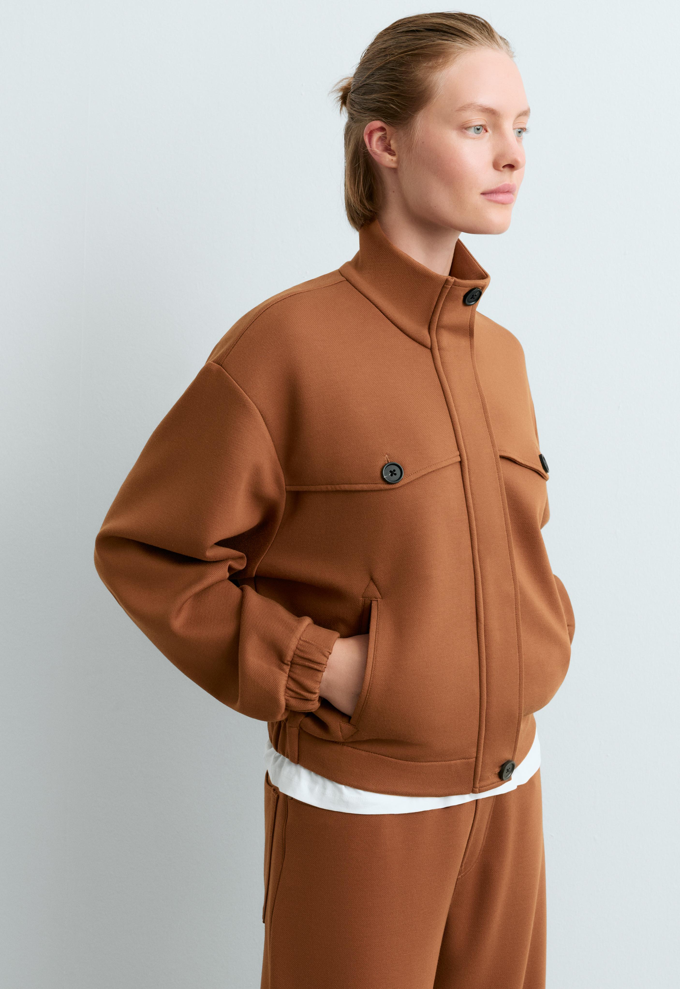 High-neck cropped jacket — COGNAC