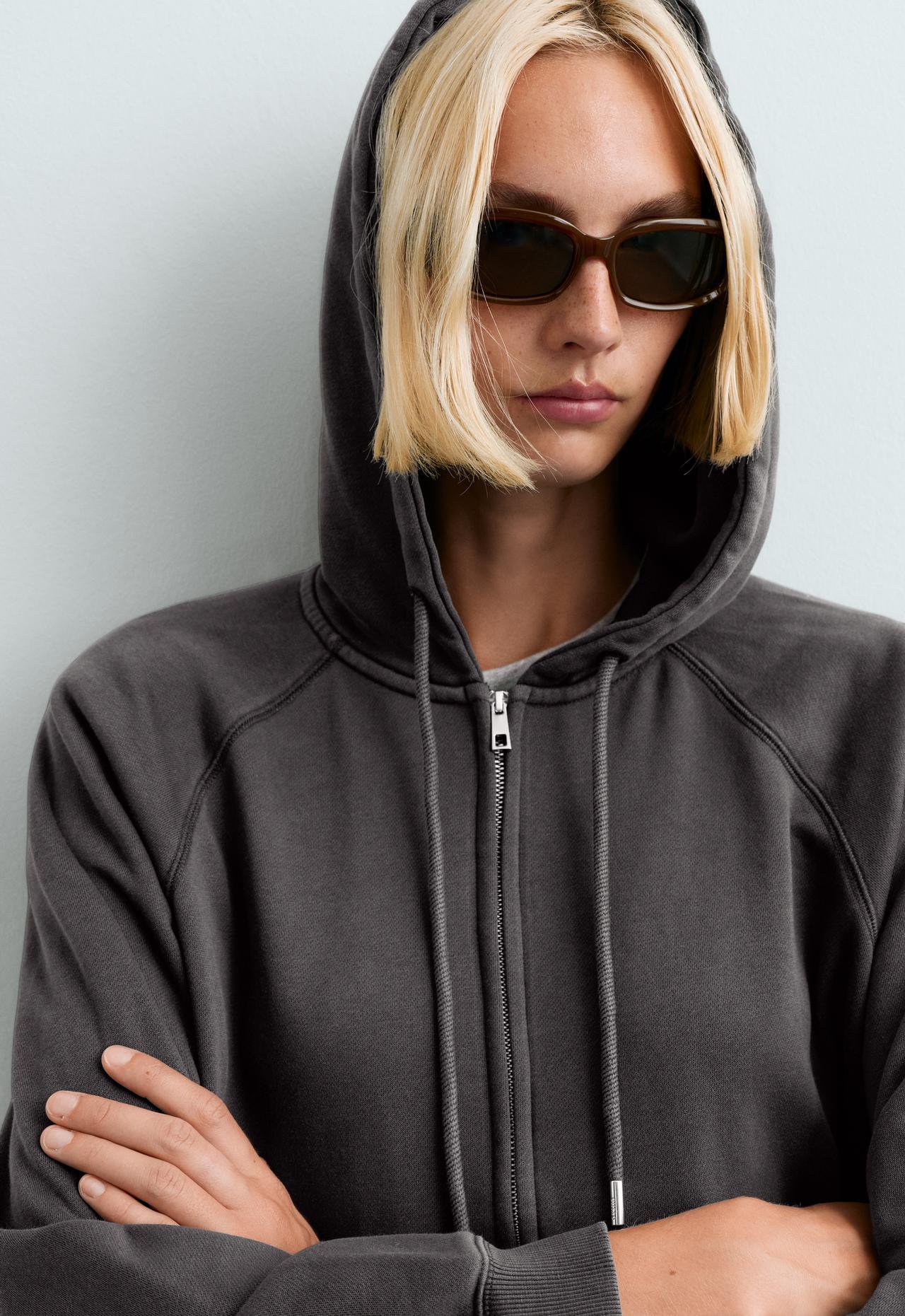 Fleece hooded sweatshirt in cotton blend with zip — DARK ANTHRACITE