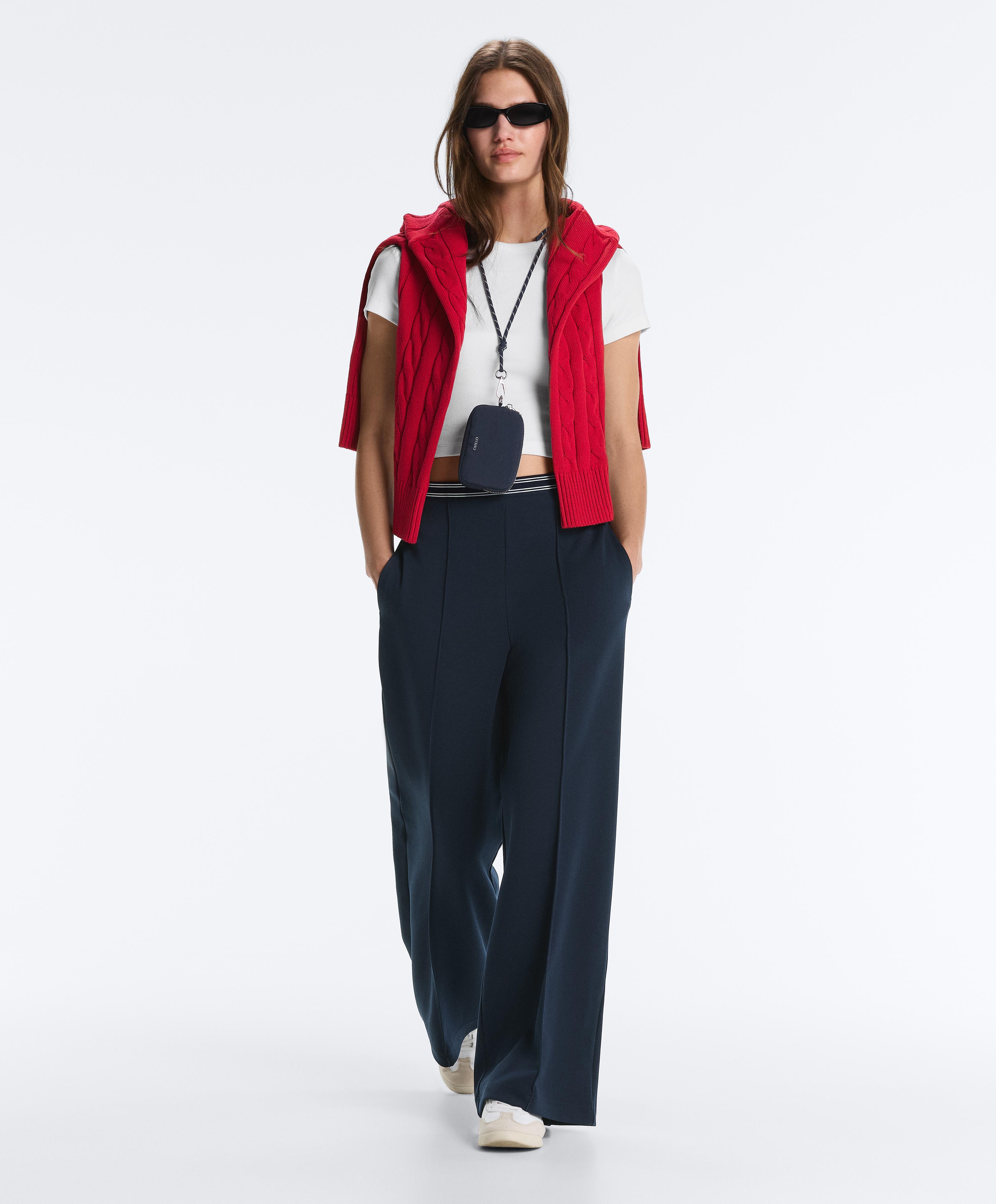 Straight-leg piqué trousers with cotton and contrast Piping — NAVY BLUE