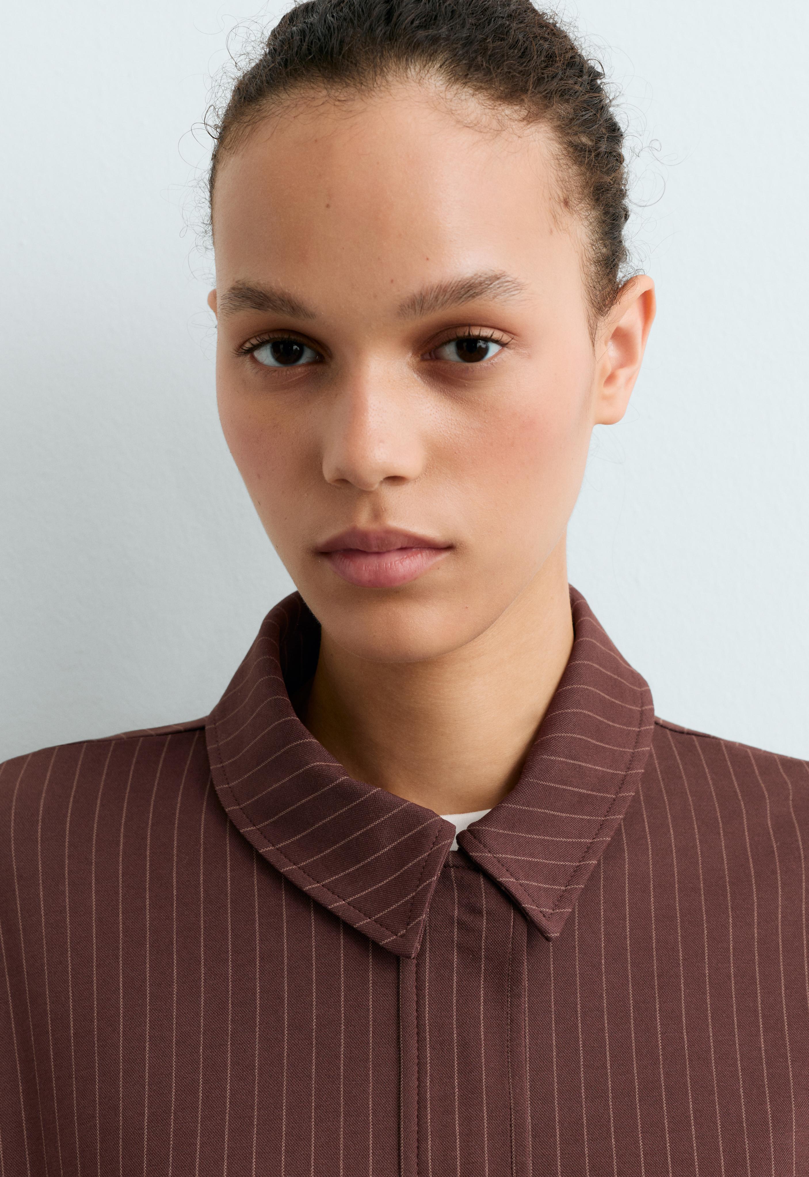 Pinstripe piqué polo neck jacket with cotton — CHOCOLATE