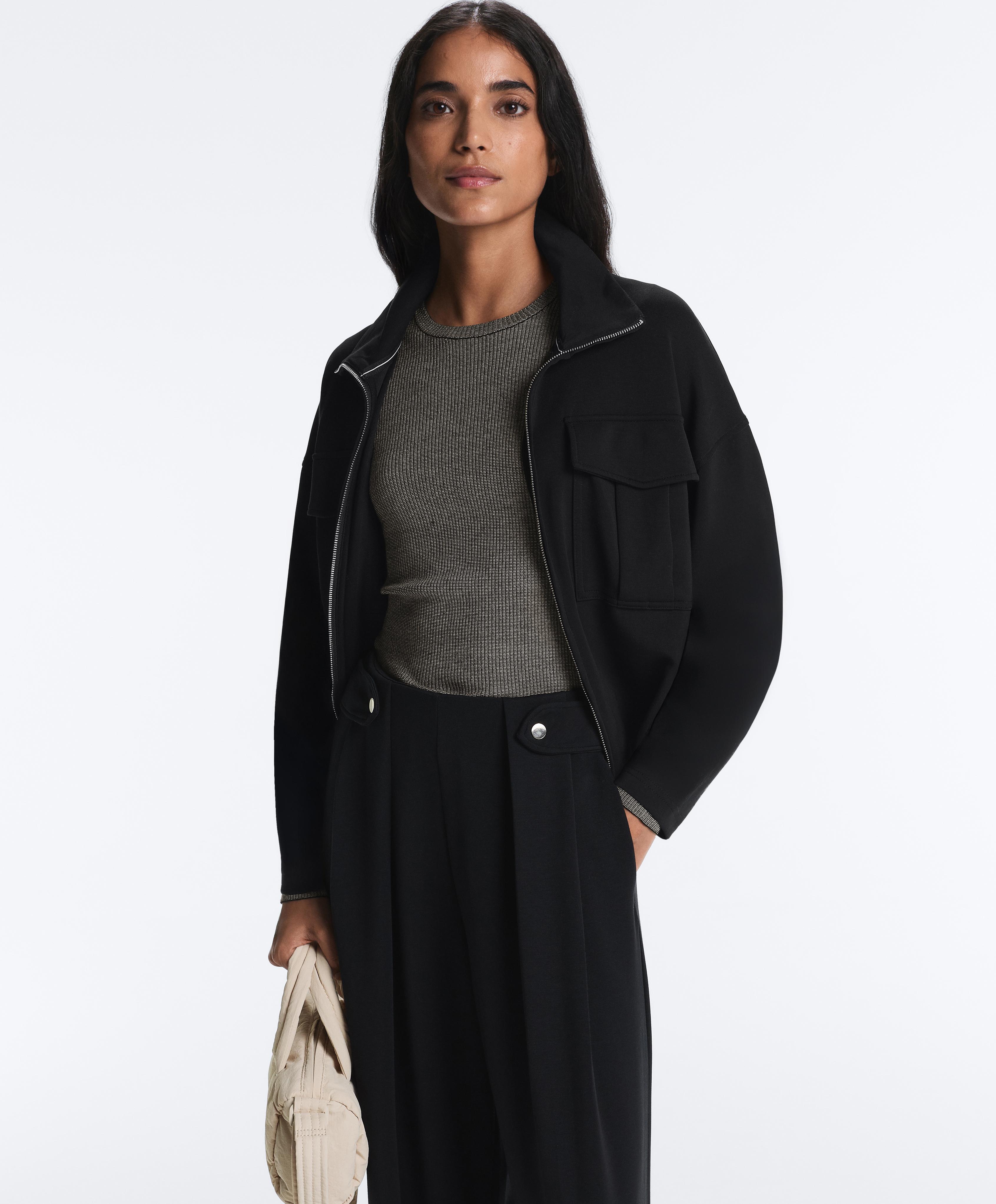 Soft-touch modal wide-leg trousers with pleat waist detail — BLACK