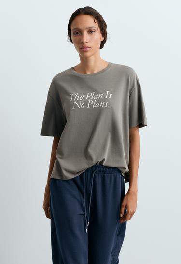 Boxy short-sleeved cotton blend T-shirt with slogan — CHARCOAL GREY 2
