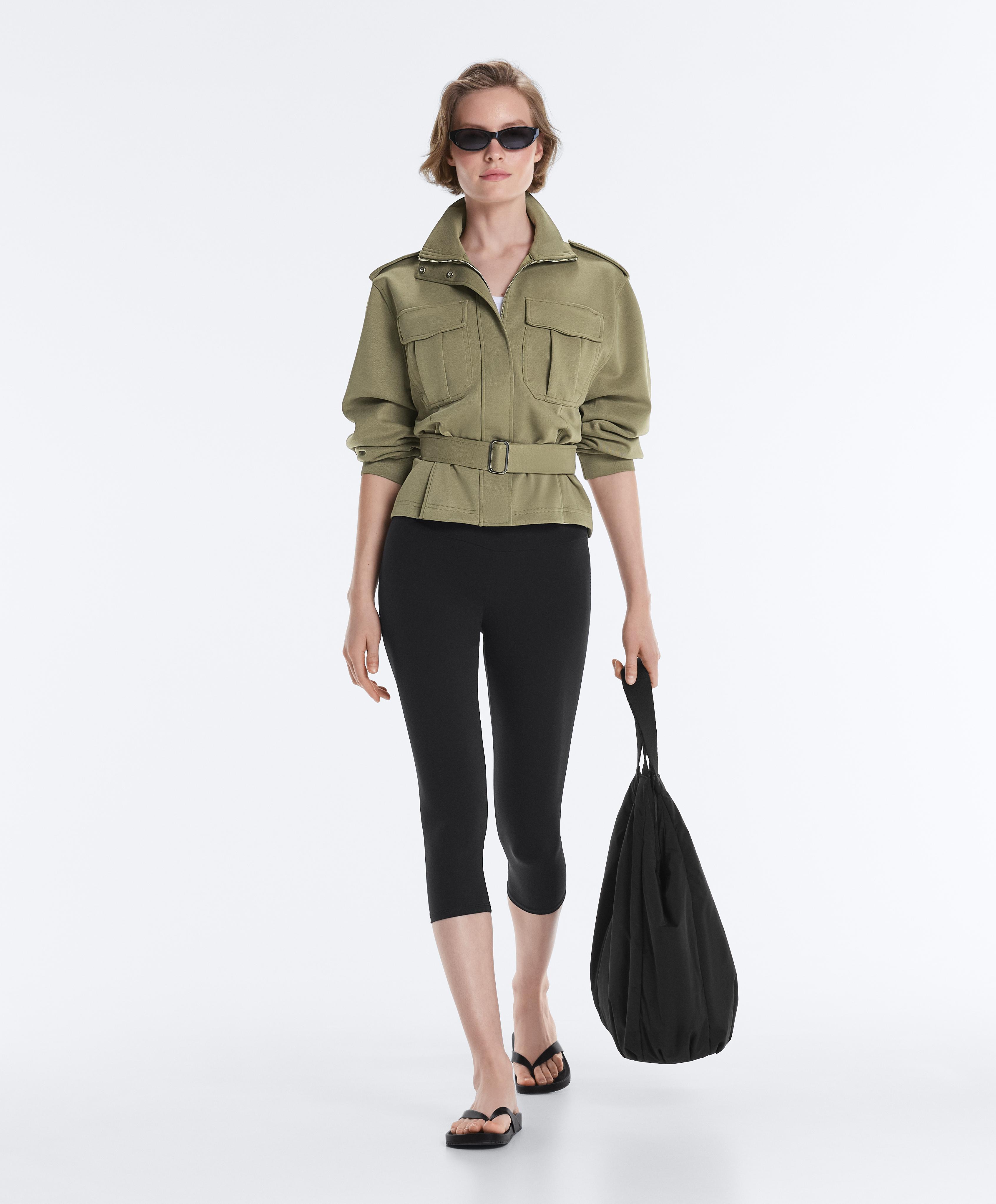 Cropped piqué utility jacket with belt — YELLOW GREEN