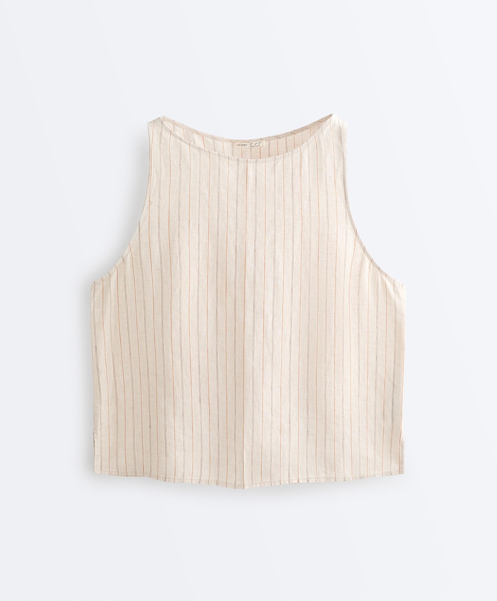 100% linen striped square top — SAND MELANGE