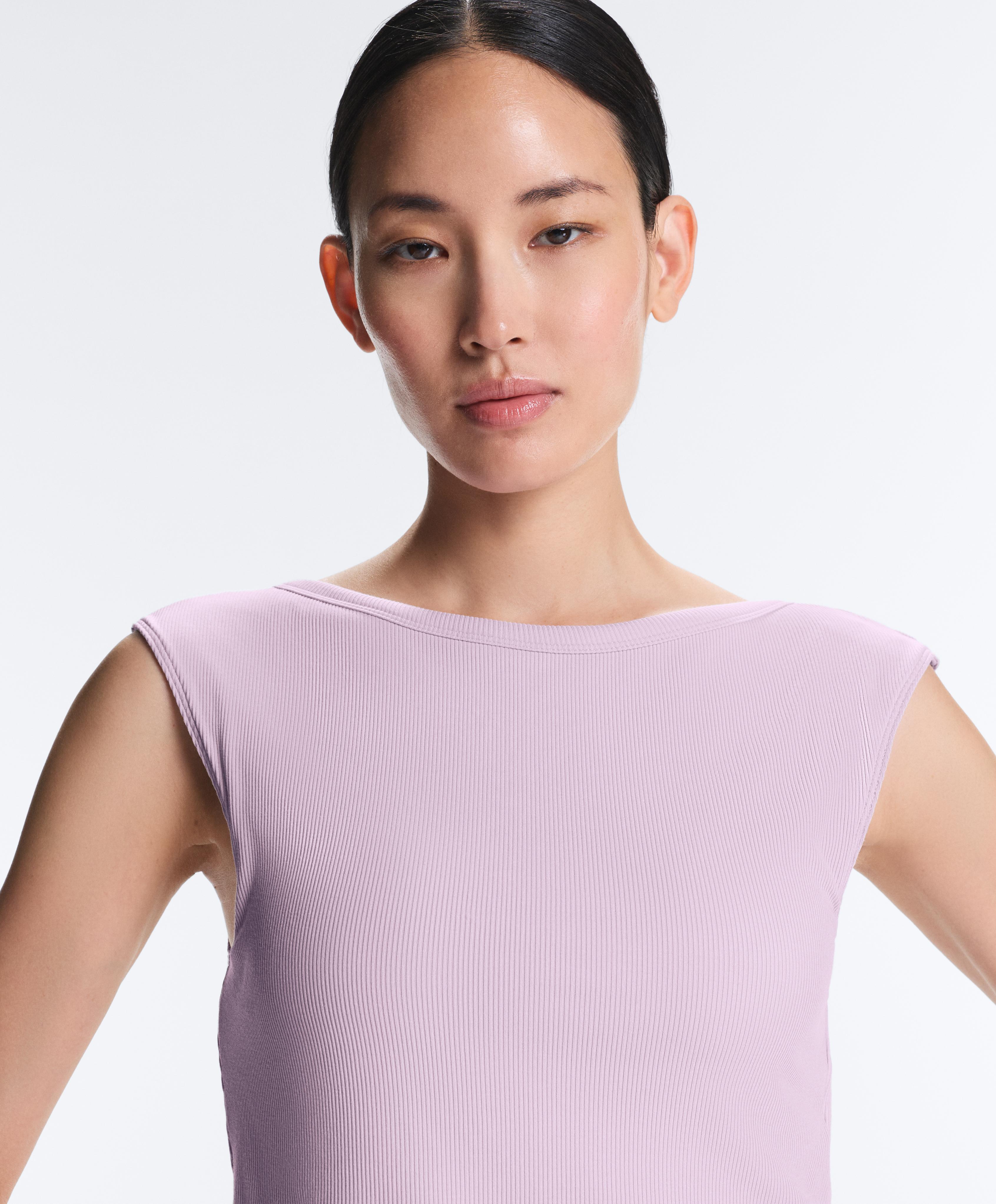 Rib modal blend short sleeve tank top with curling detail — LILAC
