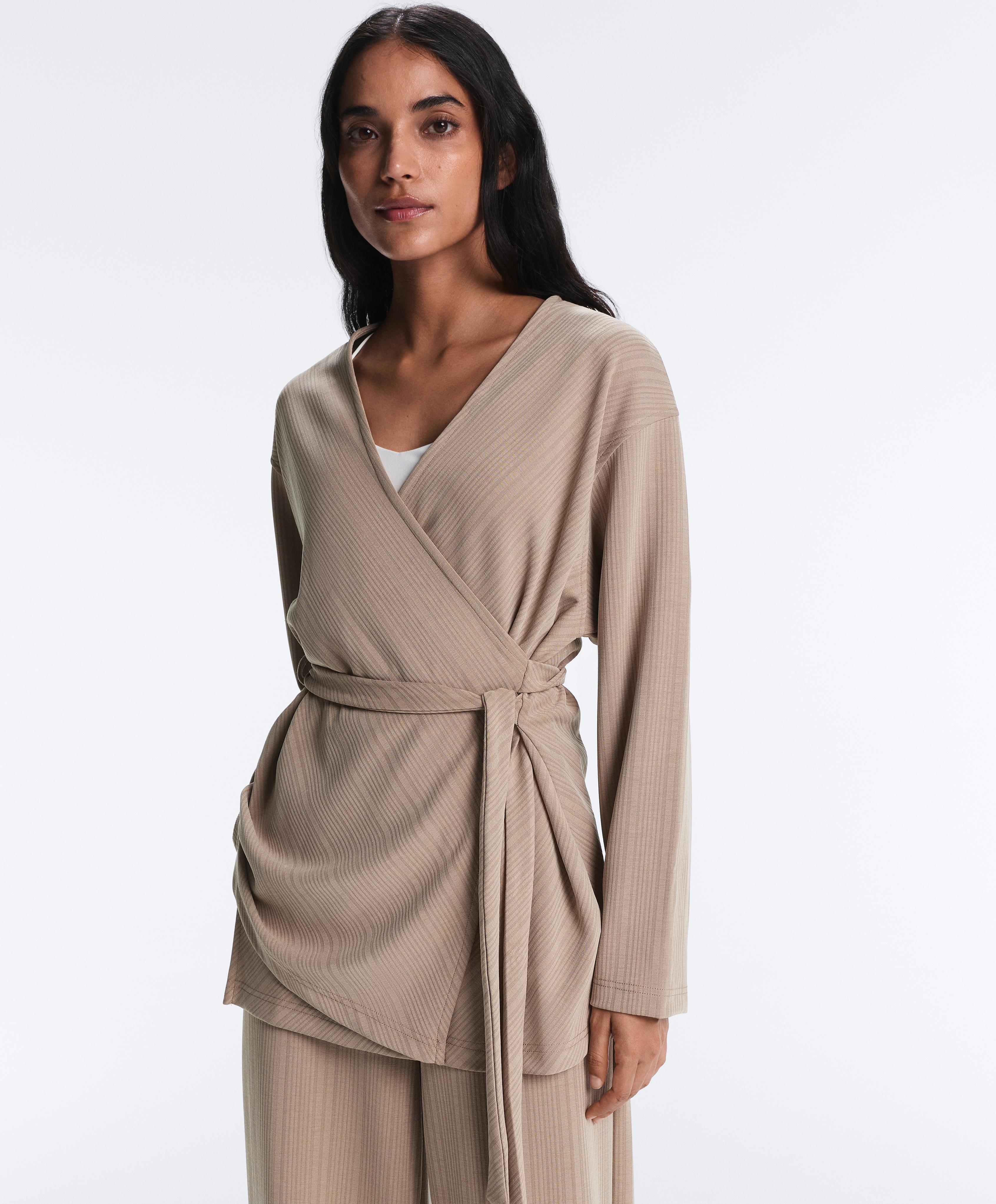 Long asymmetric stripe jacket with modal — DARK TAUPE