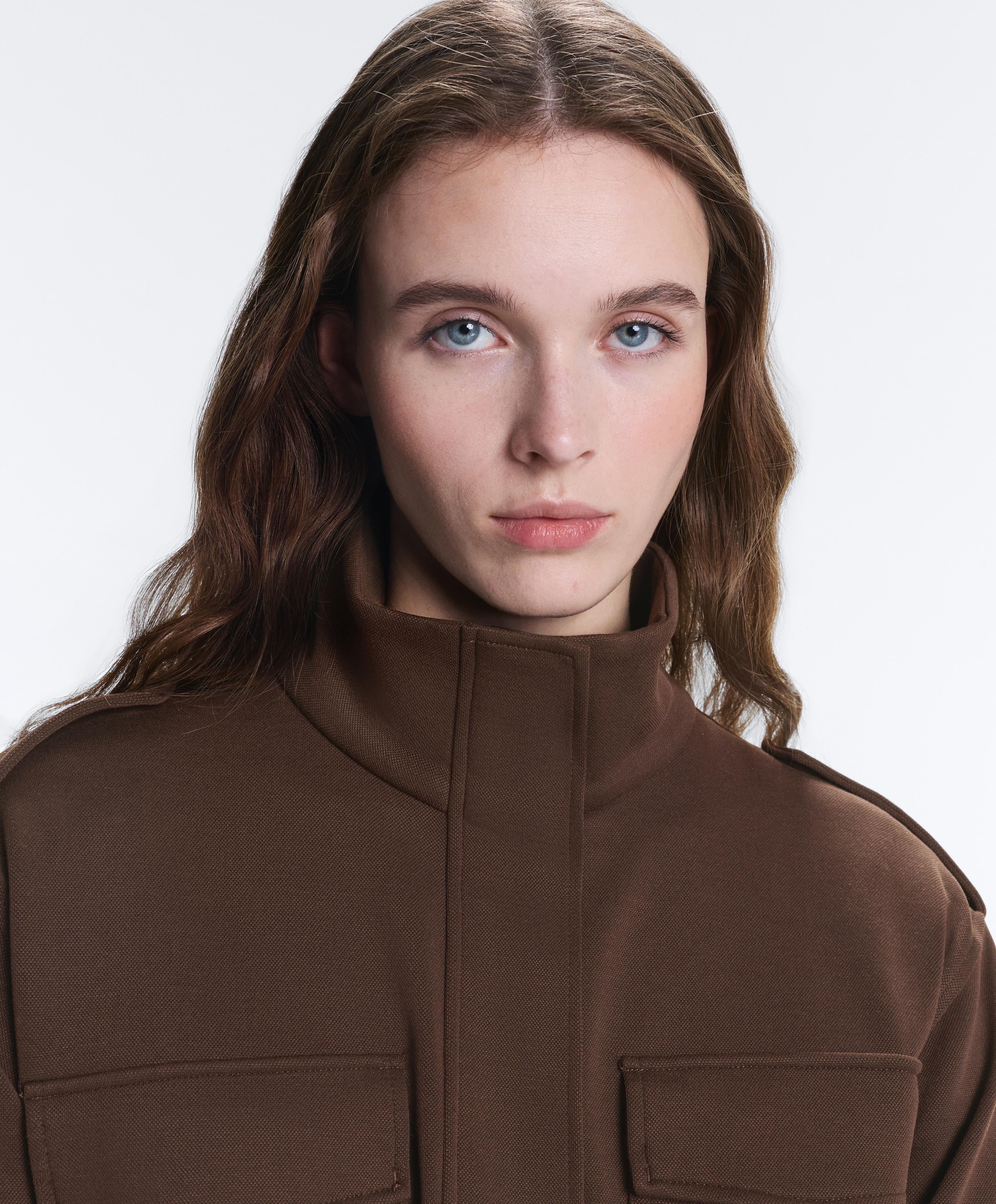Cropped piqué utility jacket with belt — DARK BROWN