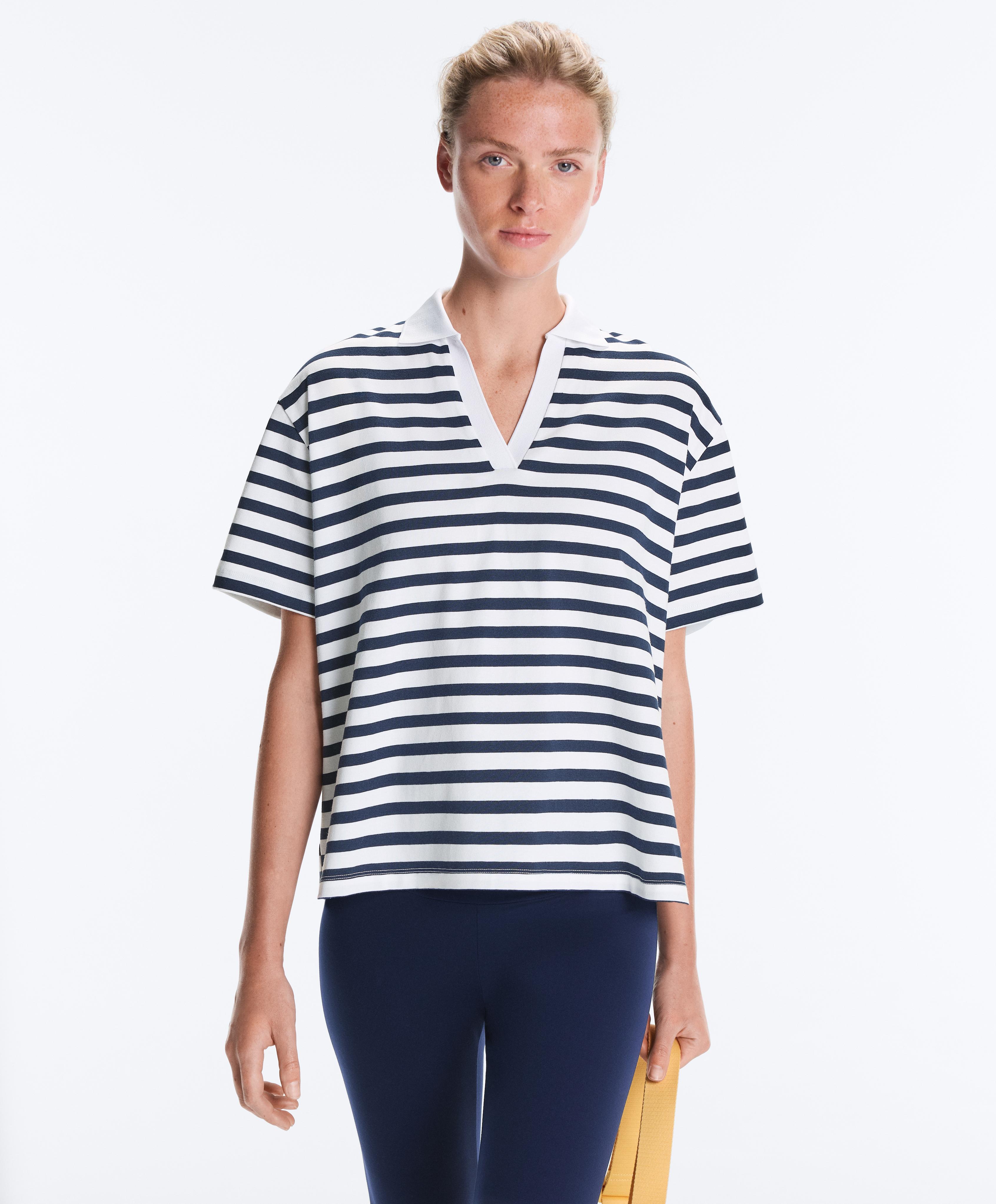 Boxy short-sleeved polo neck cotton blend T-shirt — NAVY BLUE