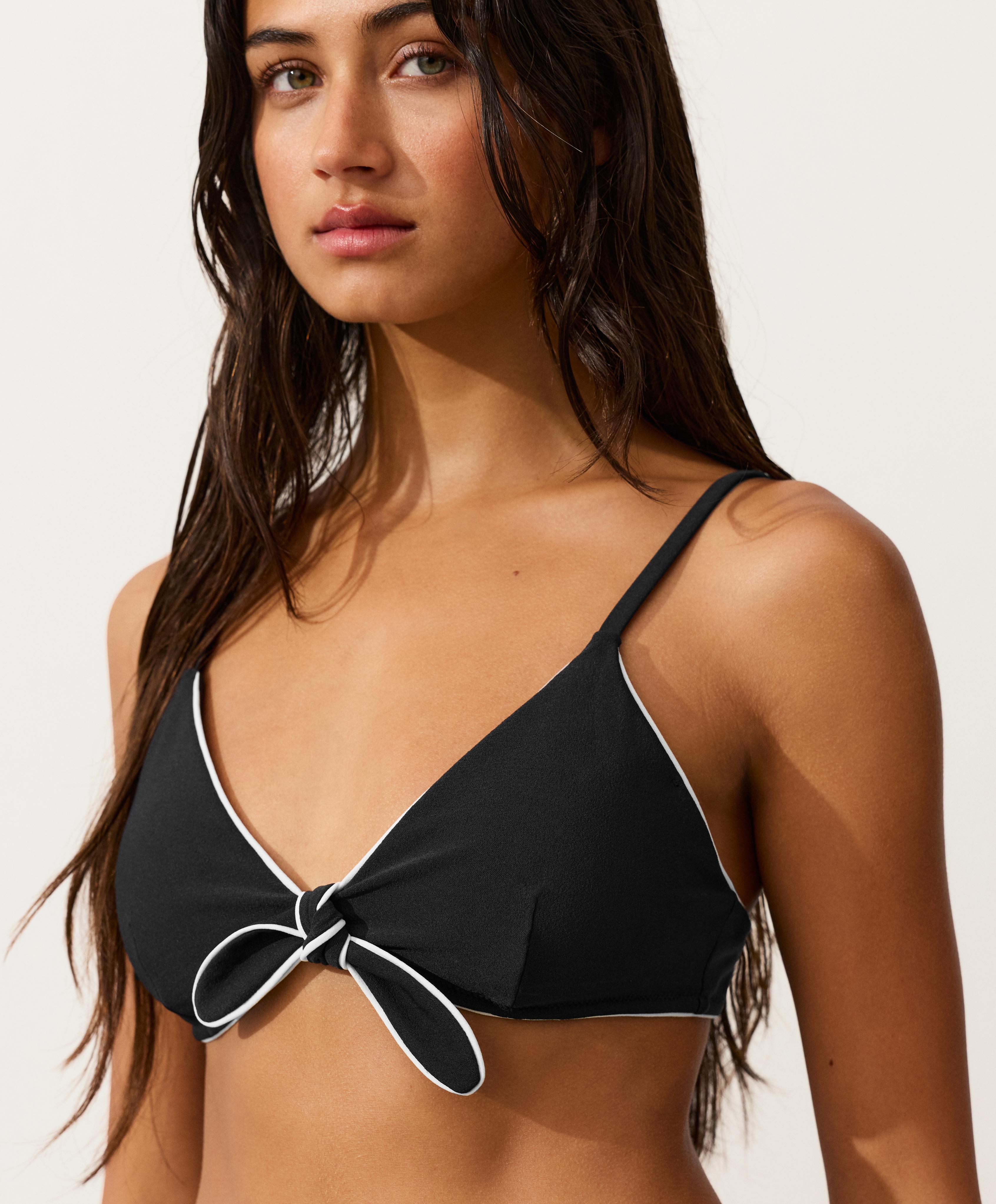 Piping triangle bikini top with ties — BLACK