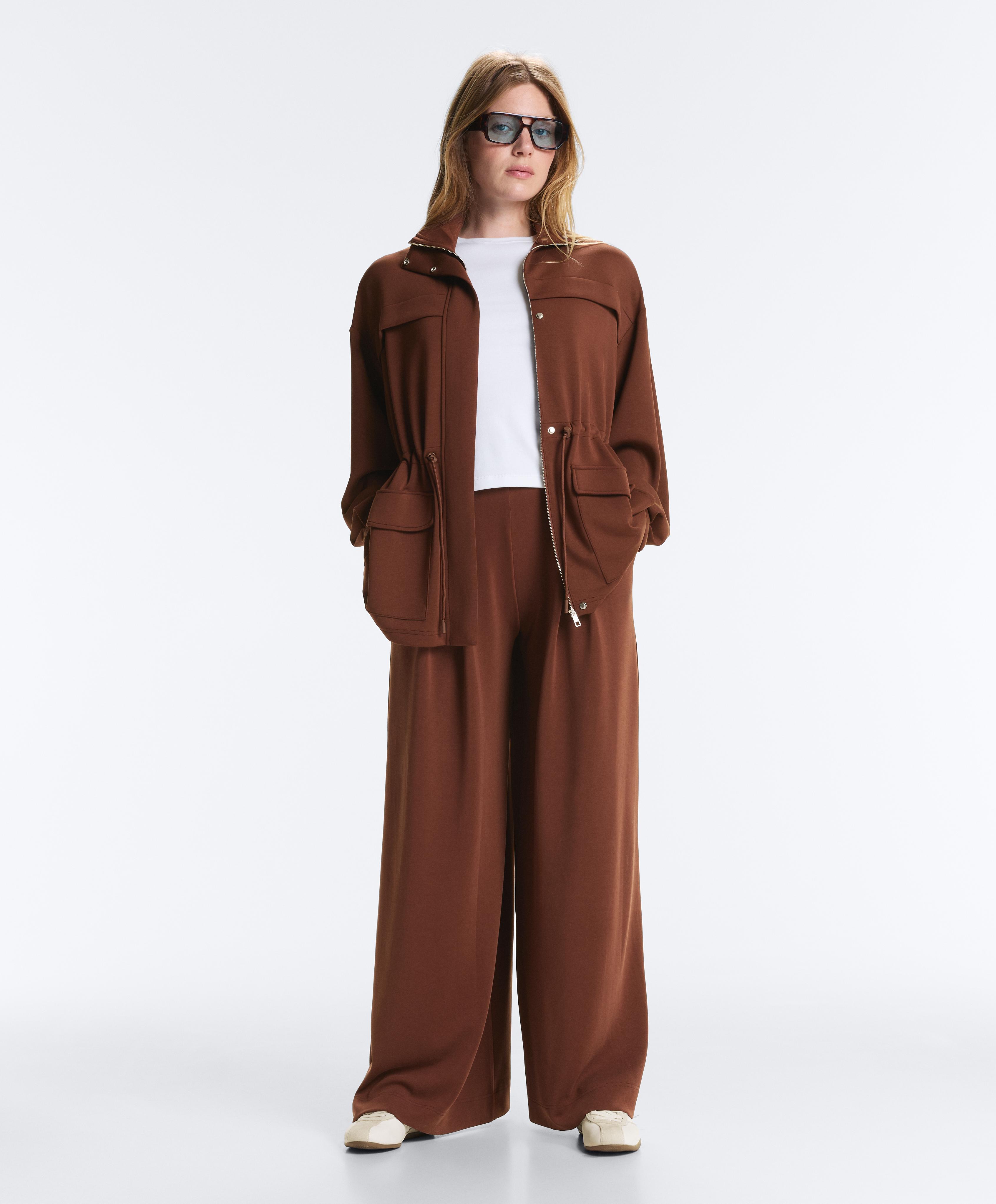 Long soft-touch modal jacket with pockets — COFFEE
