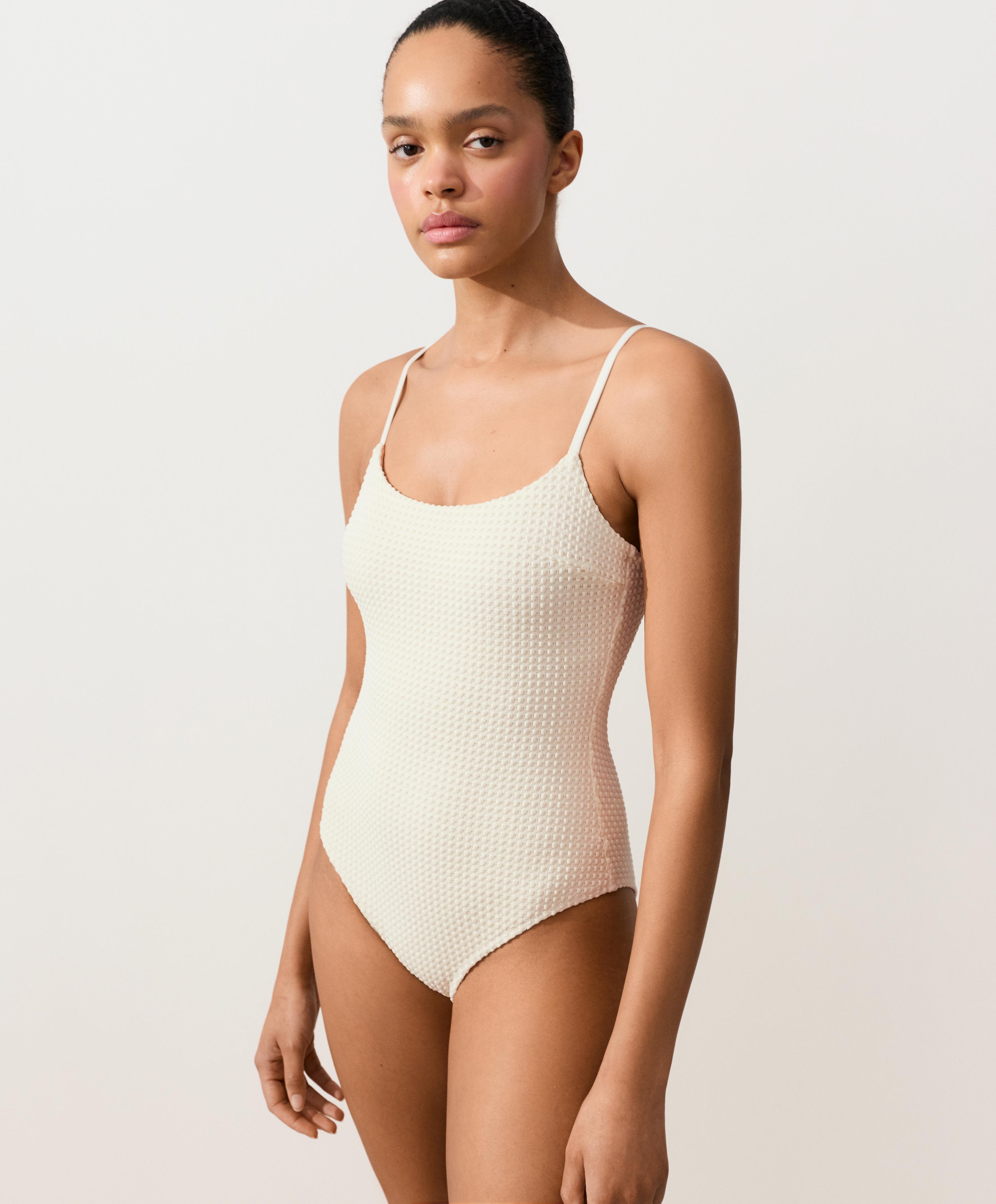 Bubble-texture crochet round neck swimsuit — ECRU