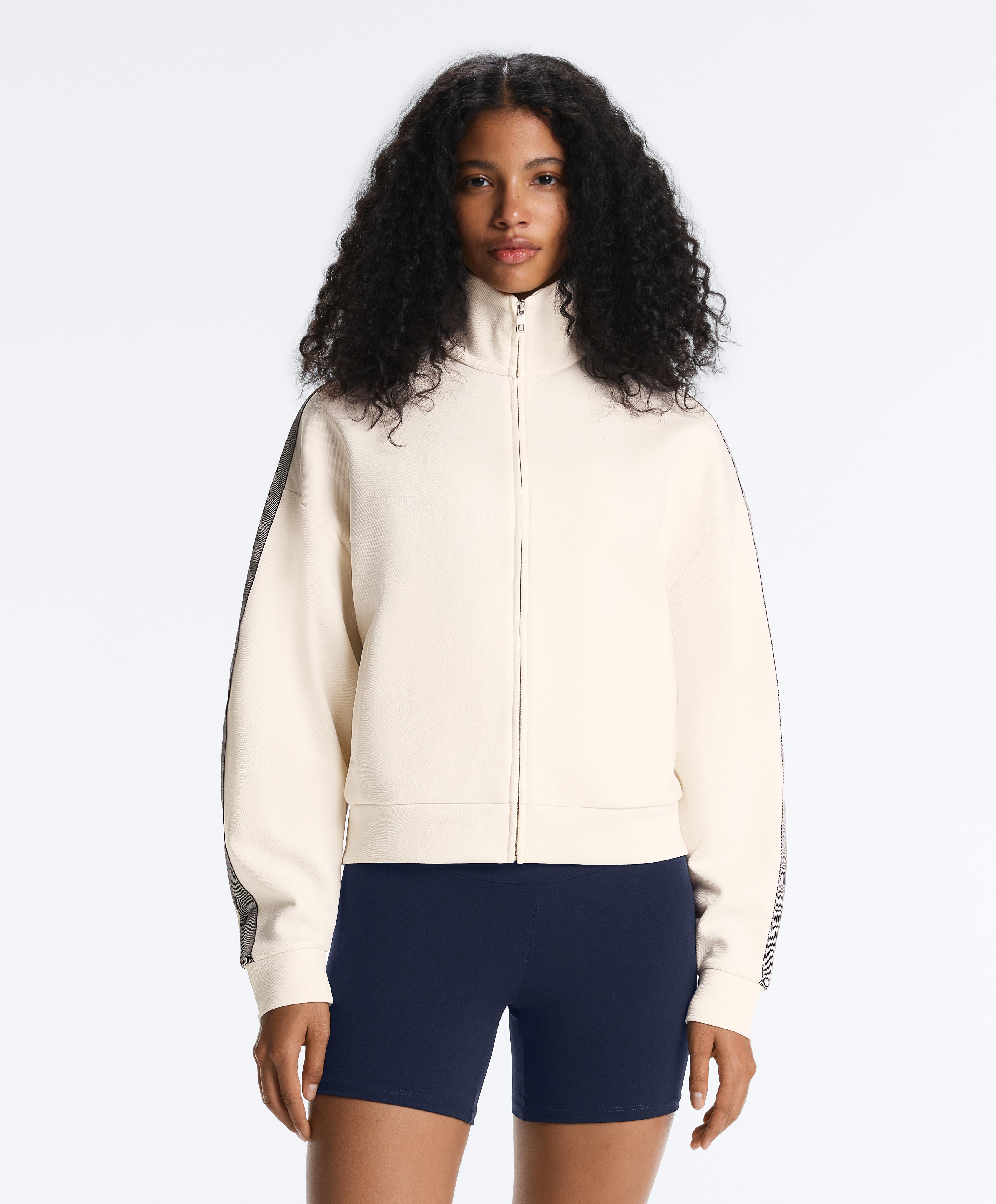 Herringbone side tape piqué cotton jacket — PALE ECRU